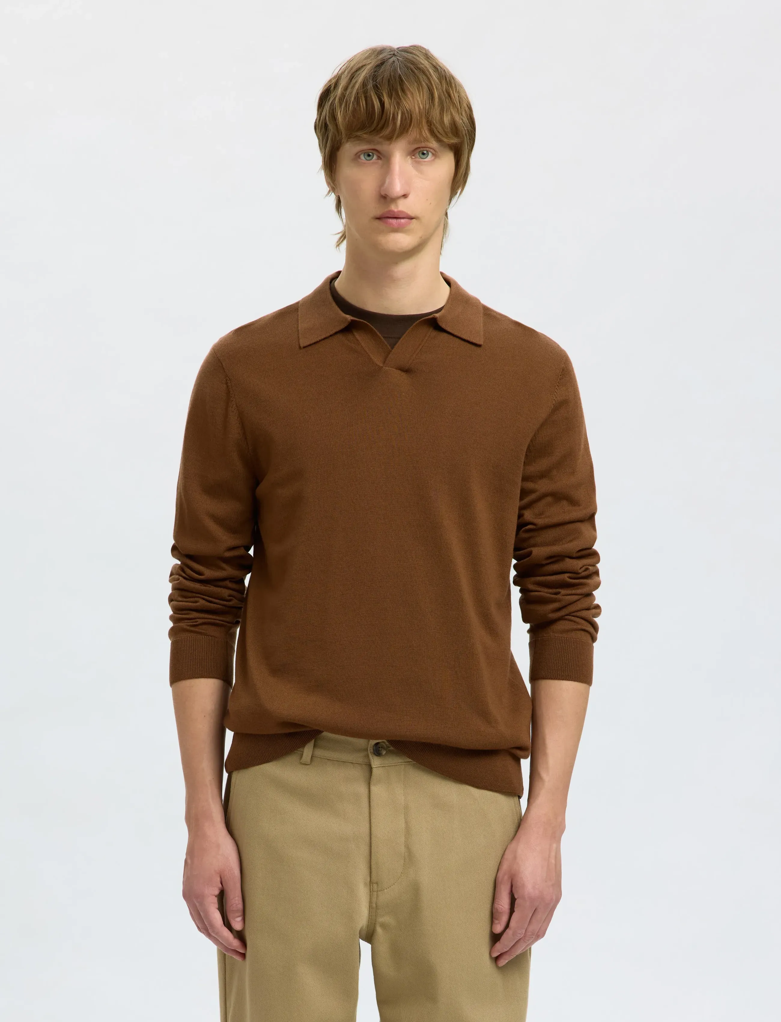 Selected SLHTRAY LS KNIT MERINO OPEN POLO - Langärmelige Strick-Polohemden - SOFT SILT / brown