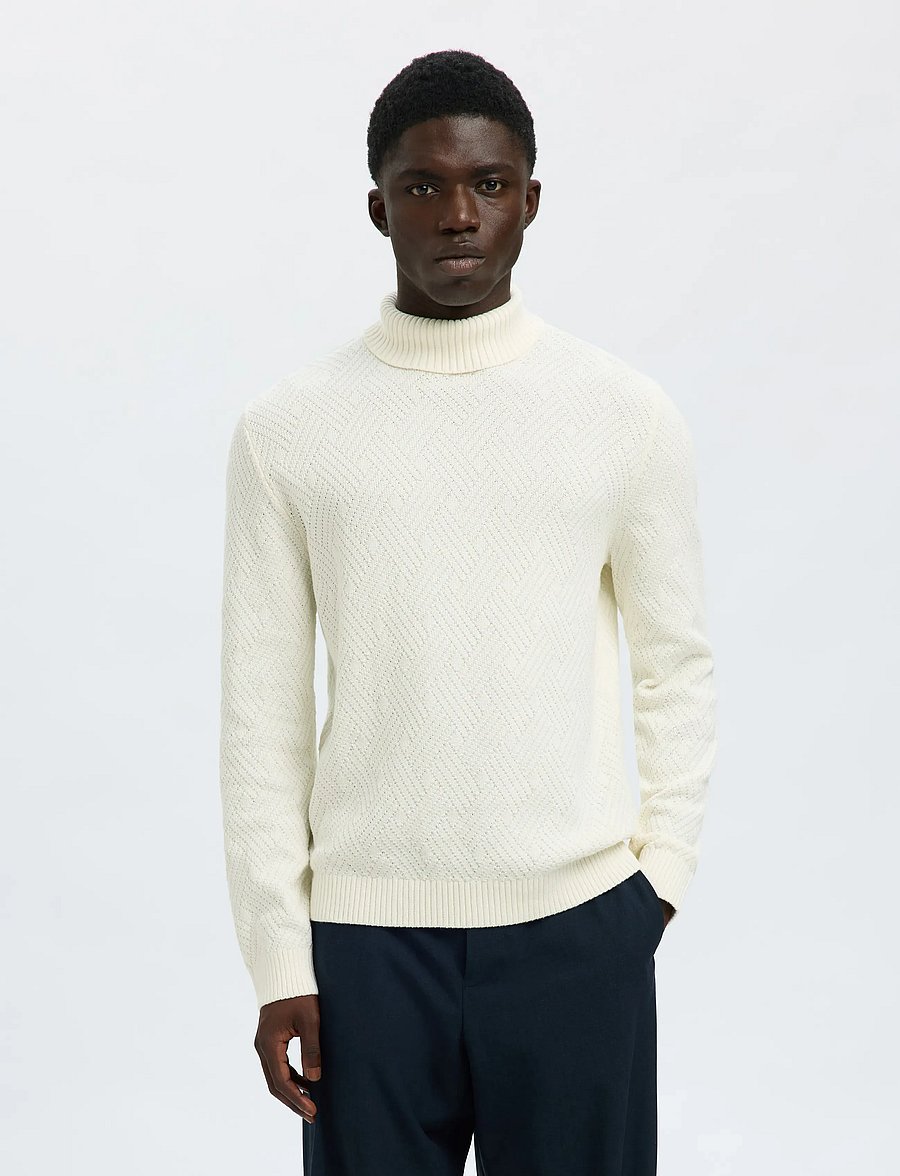Selected - SLHTREVOR LS KNIT STRUCTURE ROLL NECK - rullekraver - egret - 0