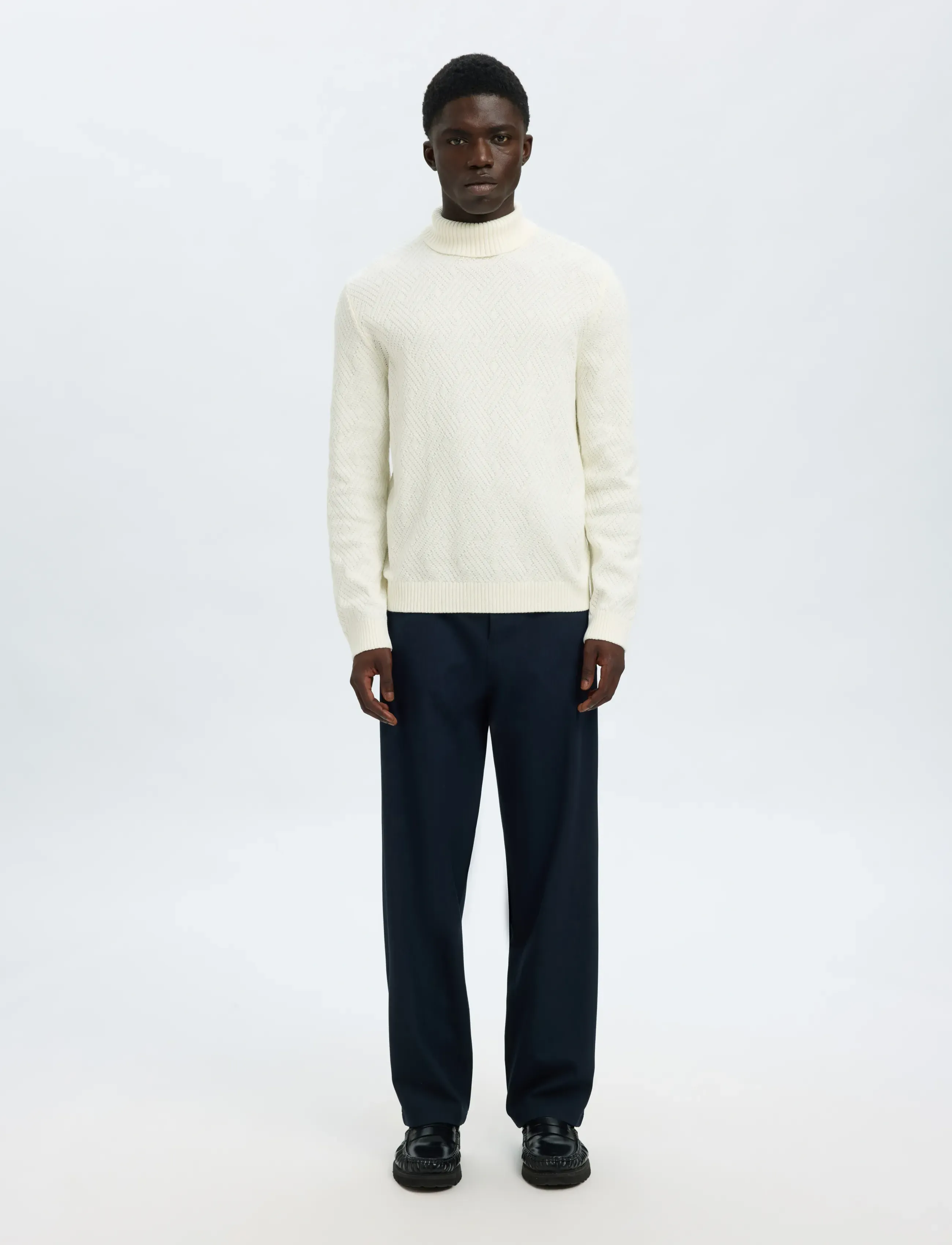 Selected - SLHTREVOR LS KNIT STRUCTURE ROLL NECK - rullekraver - egret - 4