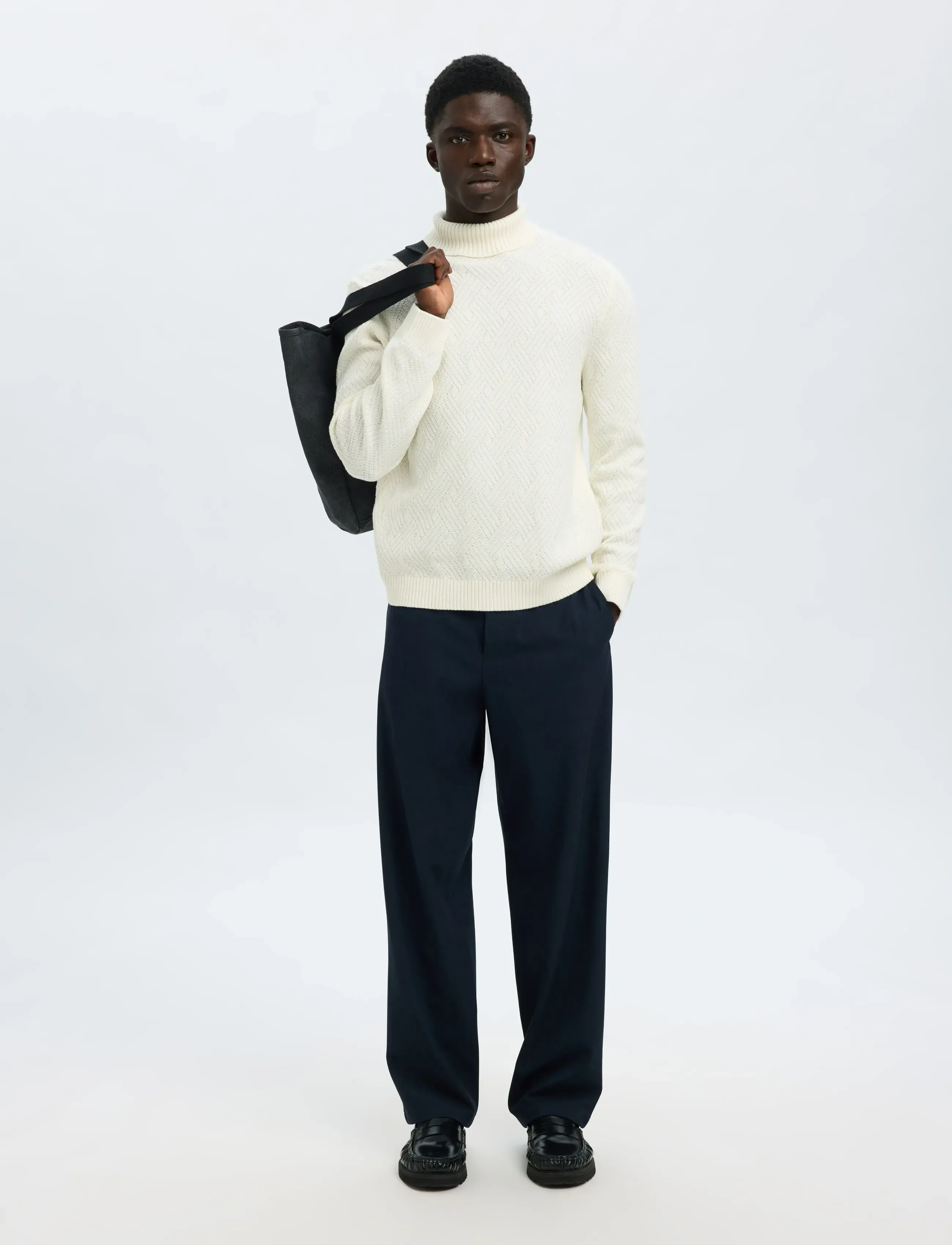 Selected - SLHTREVOR LS KNIT STRUCTURE ROLL NECK - rullekraver - egret - 5