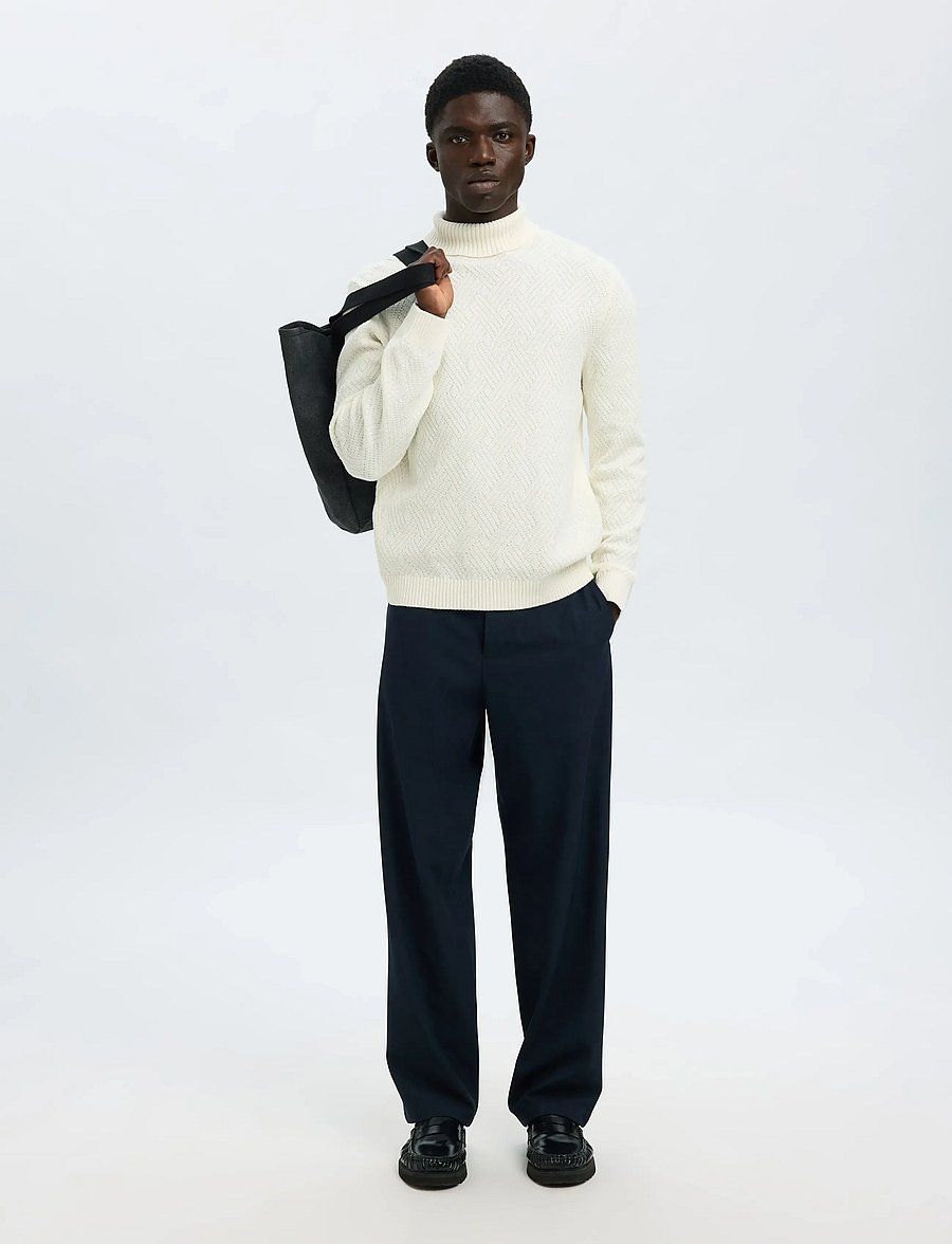 Selected - SLHTREVOR LS KNIT STRUCTURE ROLL NECK - rullekraver - egret - 5