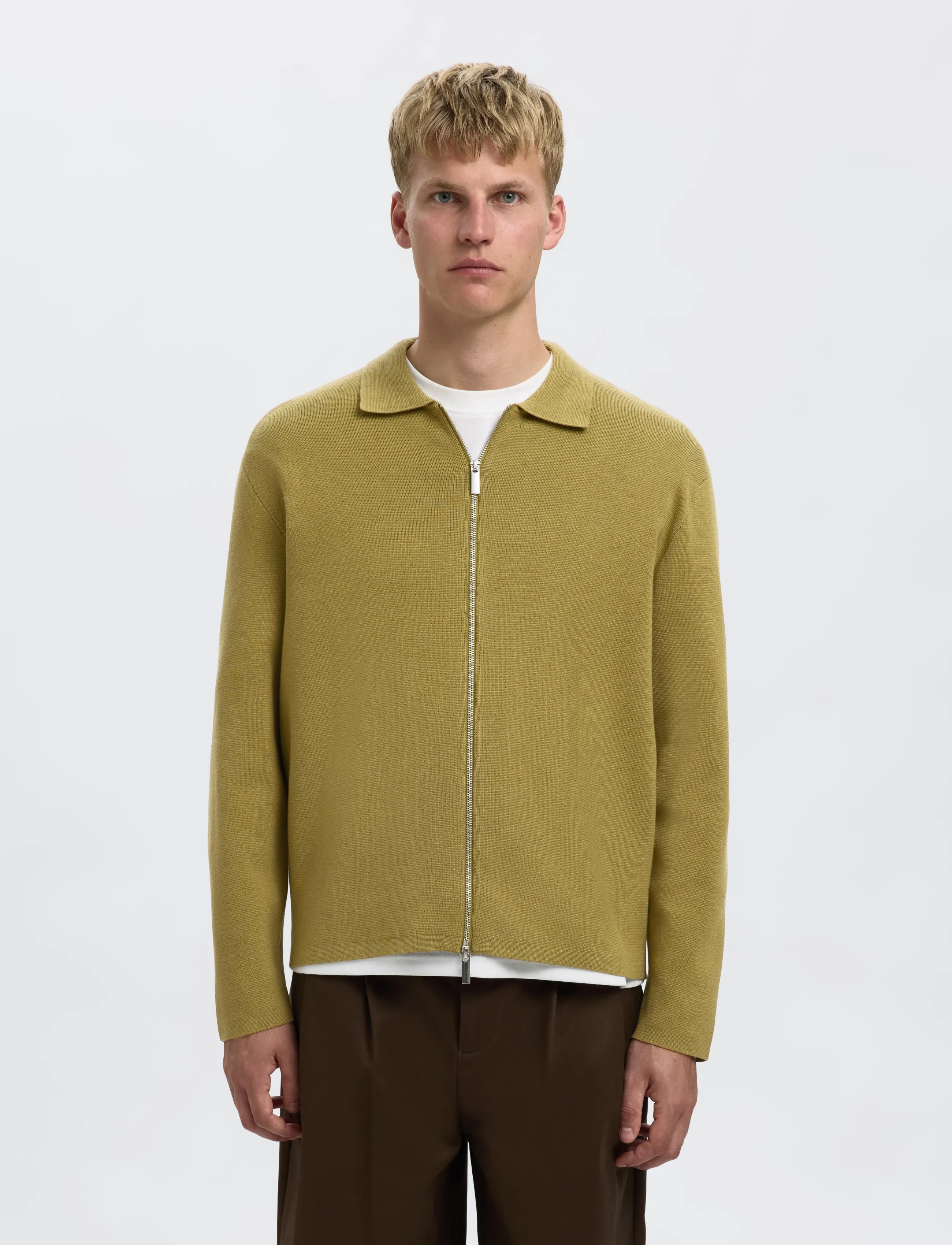 Selected Slhmike Light Ls Knit Full Zip Cardigan, S, Khaki green, Strik > Cardigans, Herre