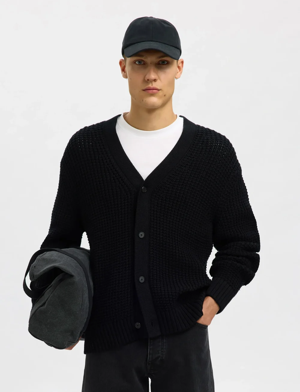 Selected - SLHDERECK LS KNIT STRUC RELAXED CARDIGAN - cardigans - black - 0