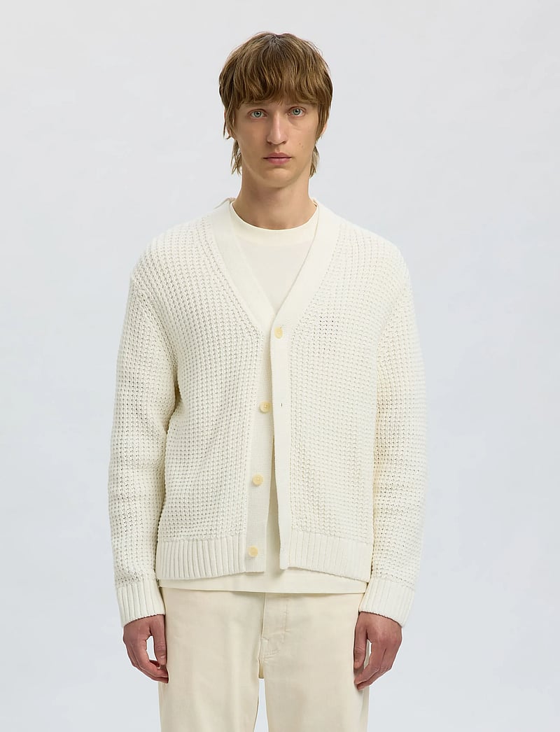 Selected - SLHDERECK LS KNIT STRUC RELAXED CARDIGAN - koftor - egret - 0