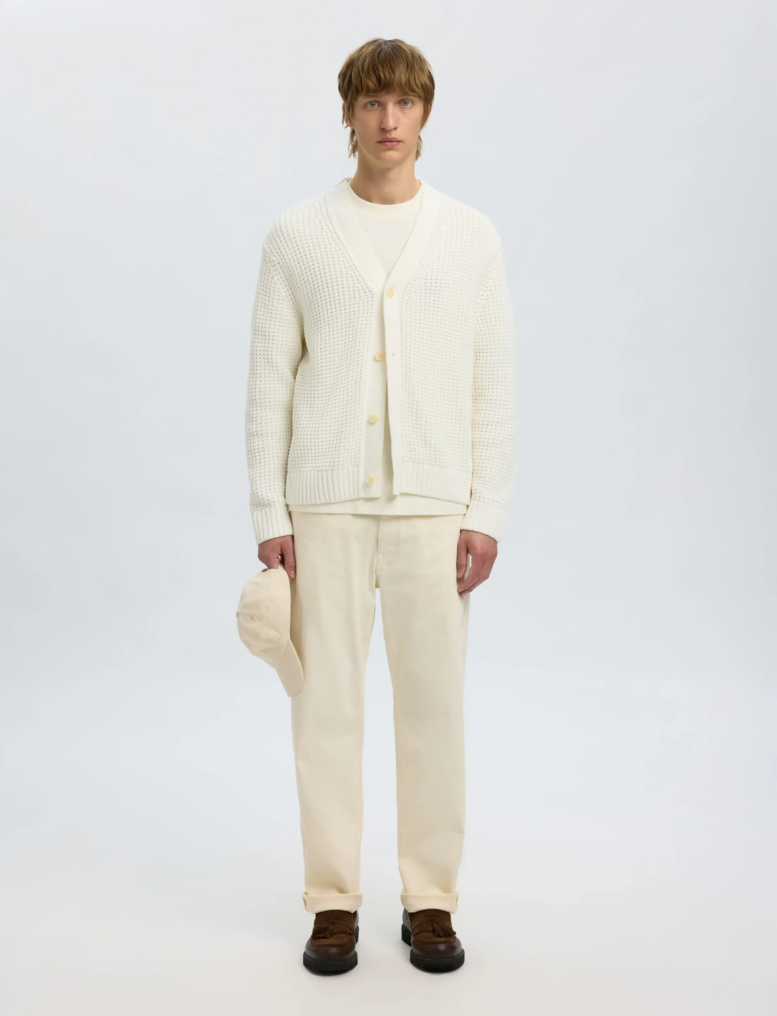Selected - SLHDERECK LS KNIT STRUC RELAXED CARDIGAN - cardigans - egret - 4