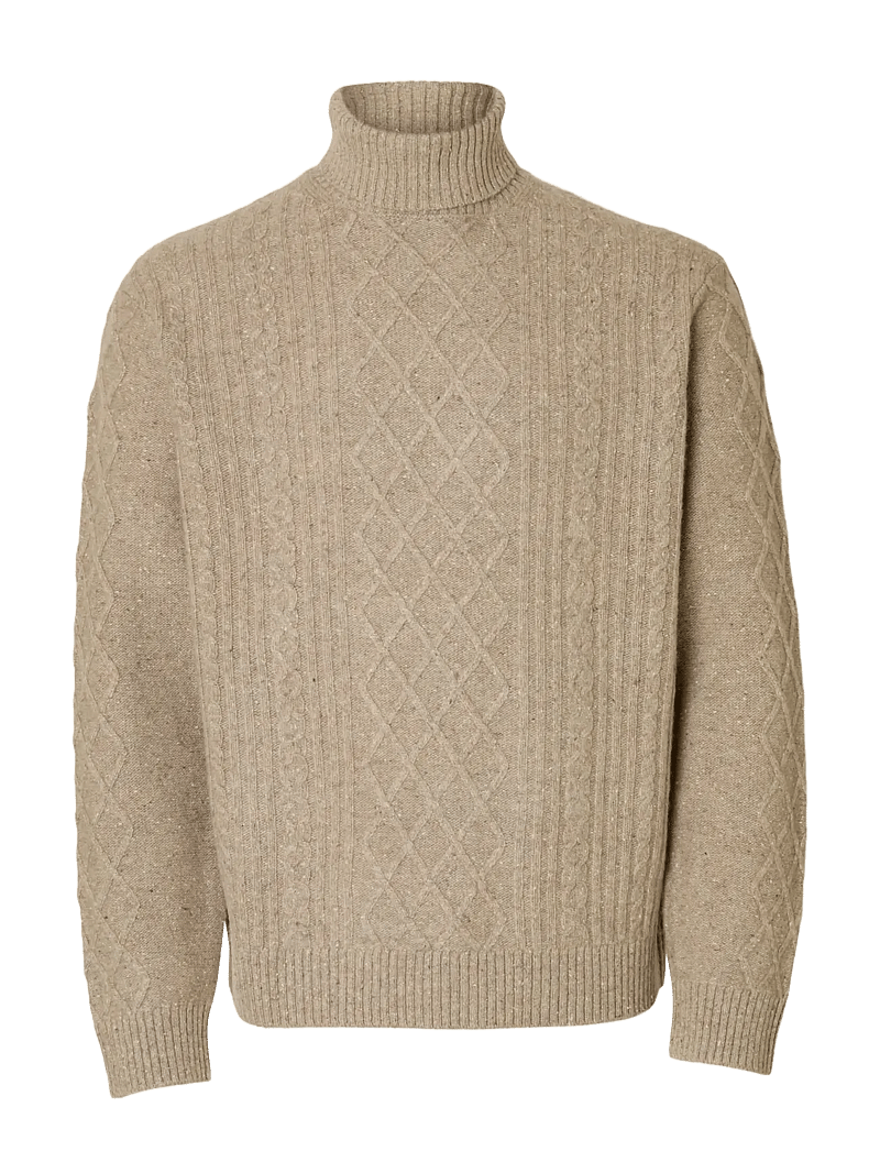 Selected - SLHNEIL LS KNIT RELAXED CABLE ROLL NECK - polokrage - oatmeal - 1