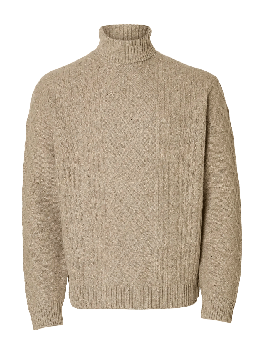 Selected - SLHNEIL LS KNIT RELAXED CABLE ROLL NECK - rullekraver - oatmeal - 1