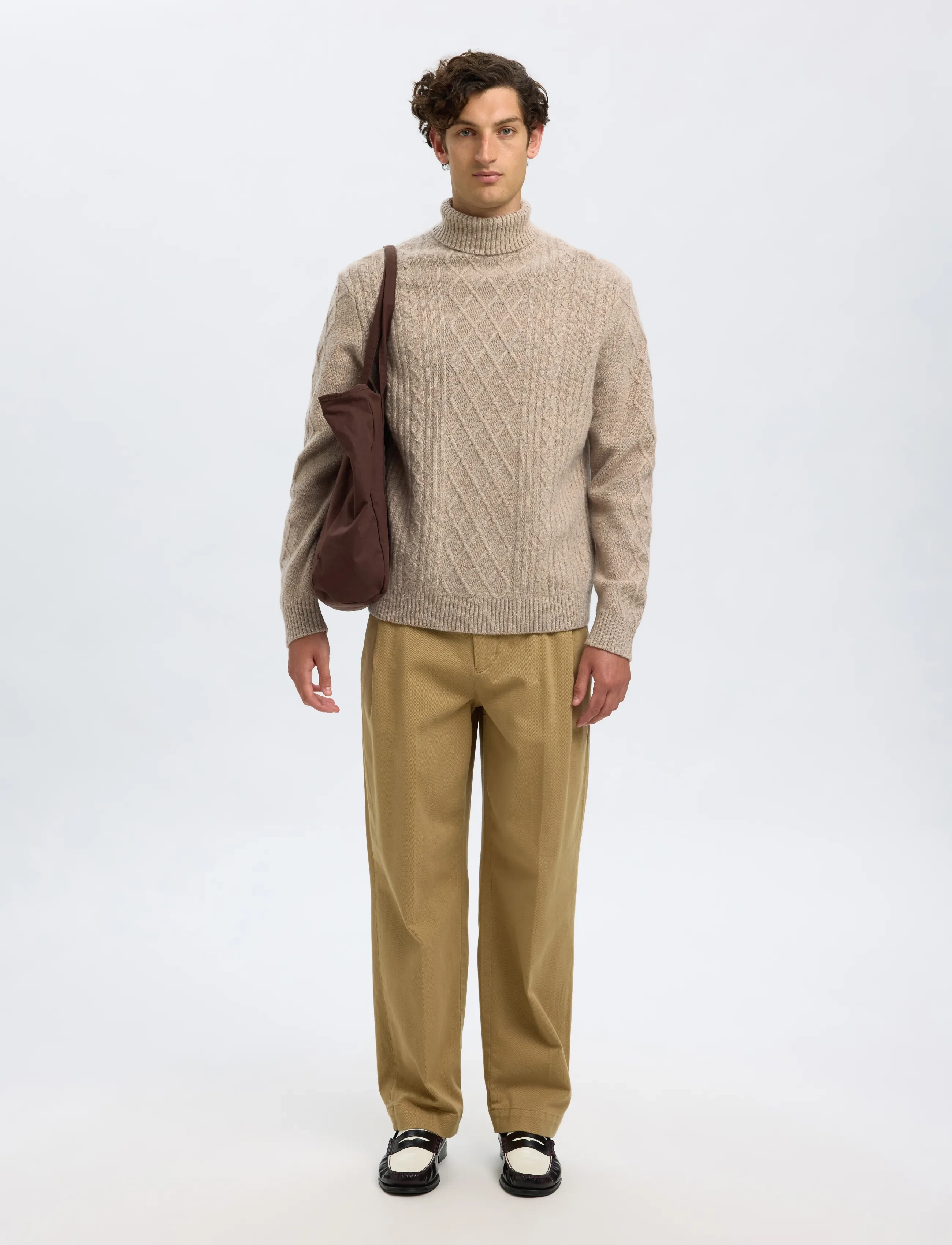 Selected - SLHNEIL LS KNIT RELAXED CABLE ROLL NECK - kõrge kaelusega džemprid - oatmeal - 3