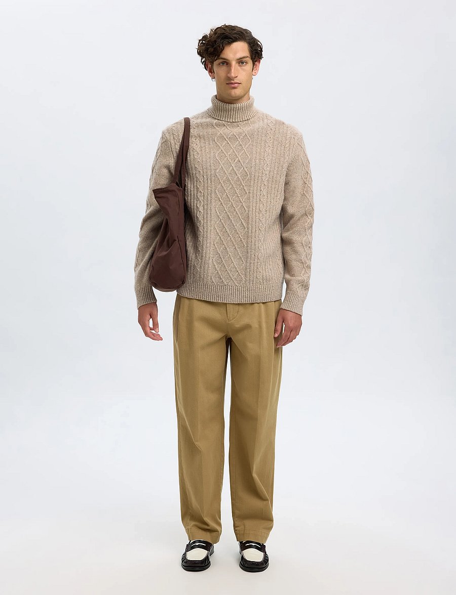 Selected - SLHNEIL LS KNIT RELAXED CABLE ROLL NECK - rullekraver - oatmeal - 3