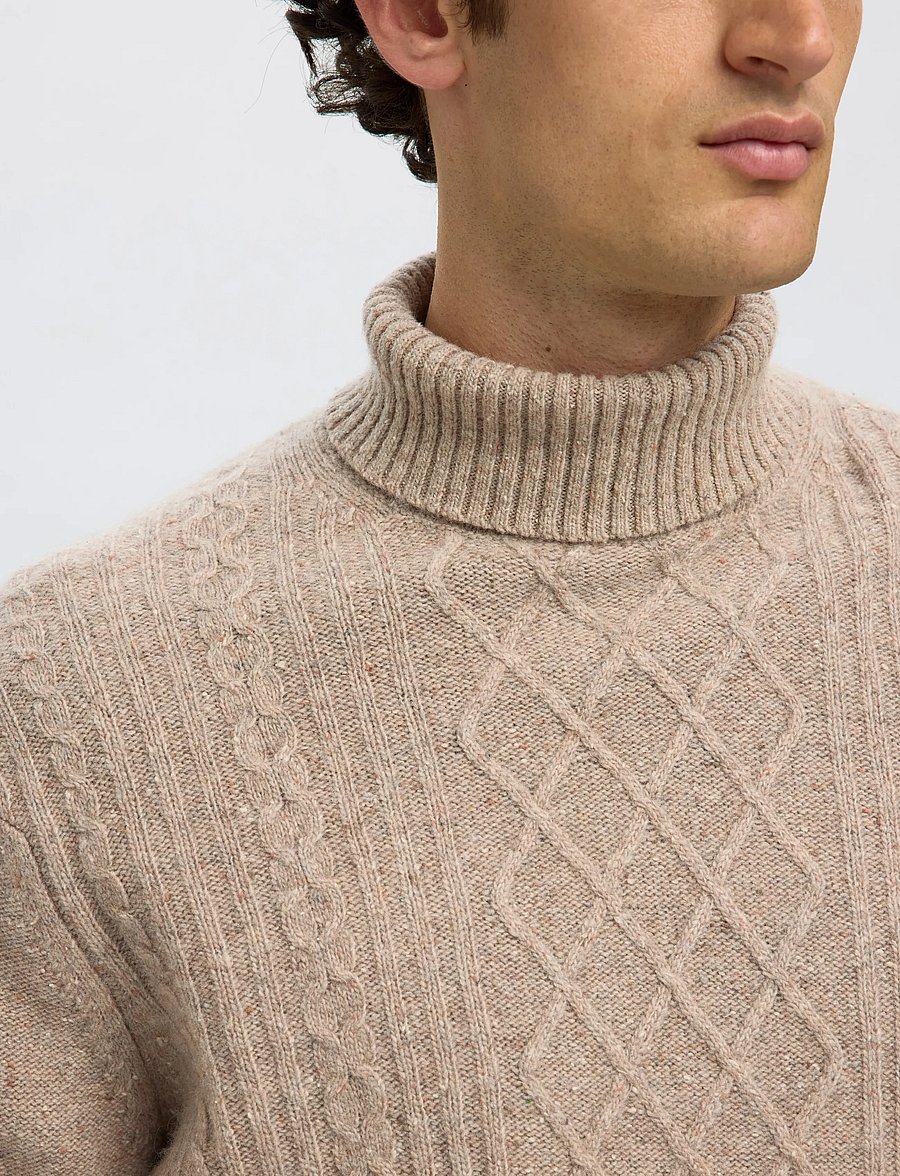 Selected - SLHNEIL LS KNIT RELAXED CABLE ROLL NECK - rullekraver - oatmeal - 4