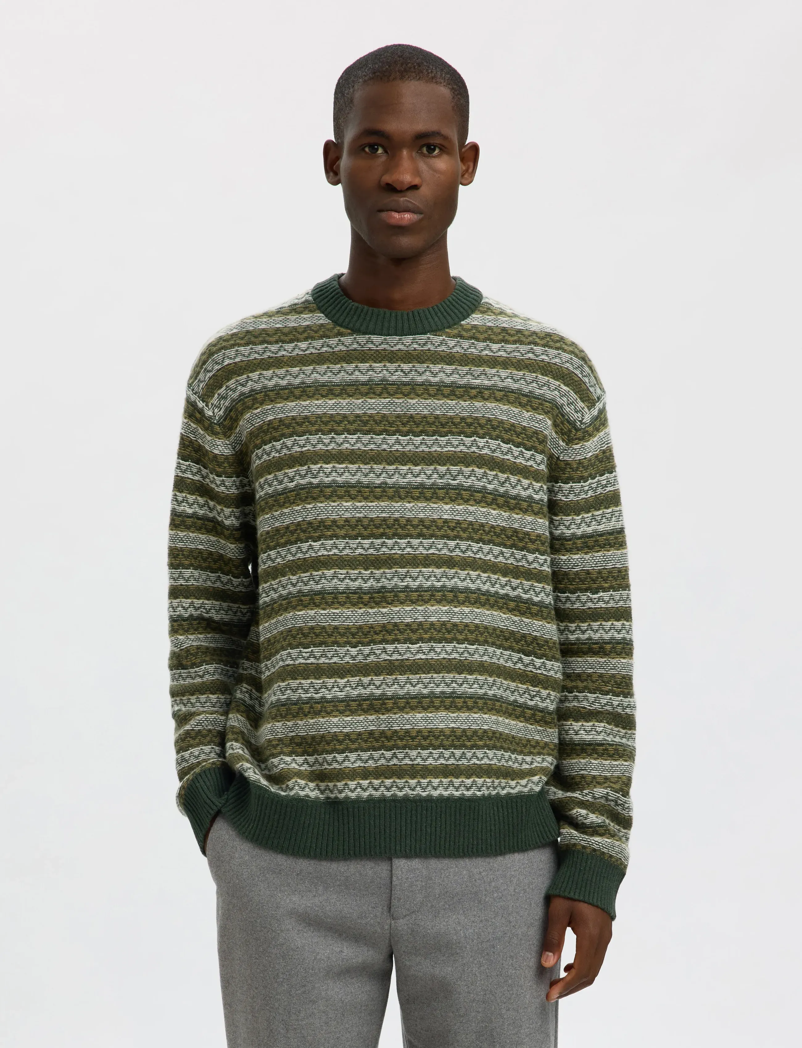 Selected Slhrevy Ls Knit Relaxed Jac Crew Neck, XL, Khaki green, Strik > Runde Halse, Herre