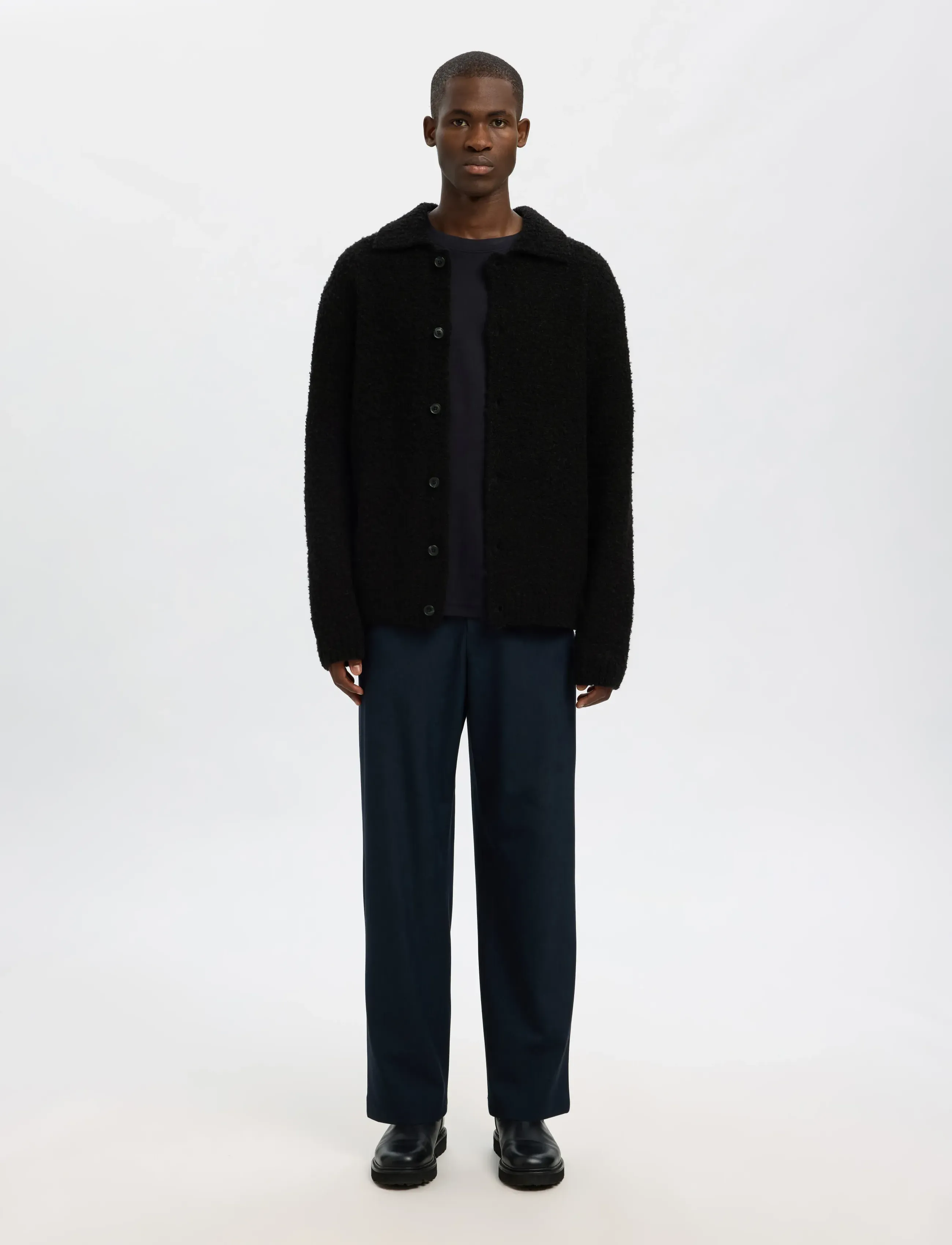 Selected Slhloyd Ls Knit Boucle Polo Cardigan, Mænd, Bouclé Polo Cardigan, Sort, Str: XL