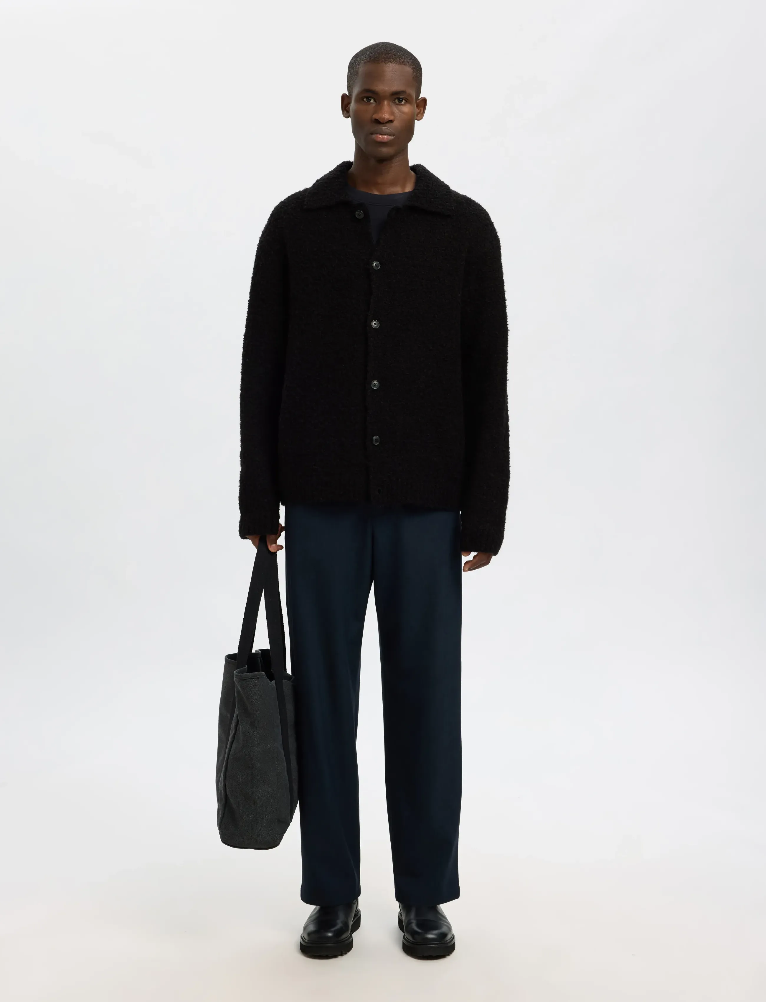 Selected - SLHLOYD LS KNIT BOUCLE POLO CARDIGAN - cardigans - black - 5