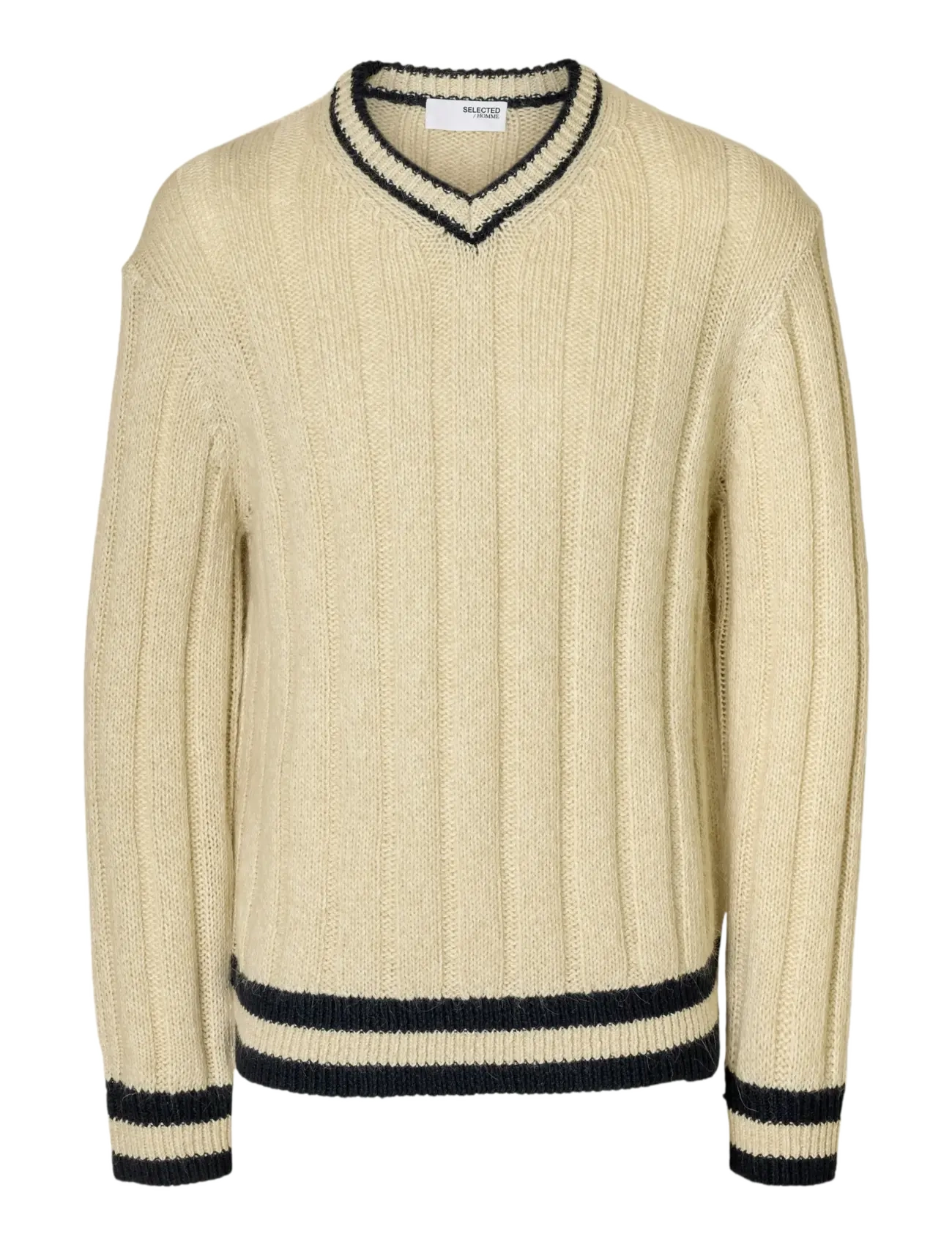 Selected SLHROY LS KNIT RELAXED RIB V-NECK - Tøj - EGRET / cream