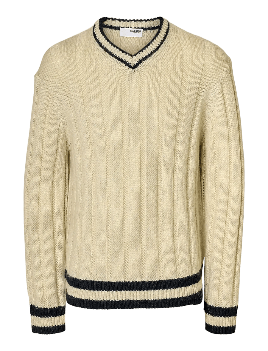 Selected - SLHROY LS KNIT RELAXED RIB V-NECK - v-ausschnitt - egret - 1