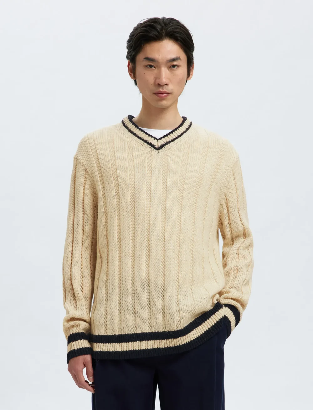 Selected - SLHROY LS KNIT RELAXED RIB V-NECK - v-ringat - egret - 0