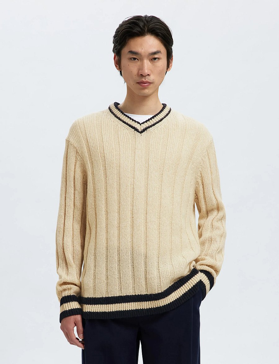 Selected - SLHROY LS KNIT RELAXED RIB V-NECK - v-ausschnitt - egret - 0