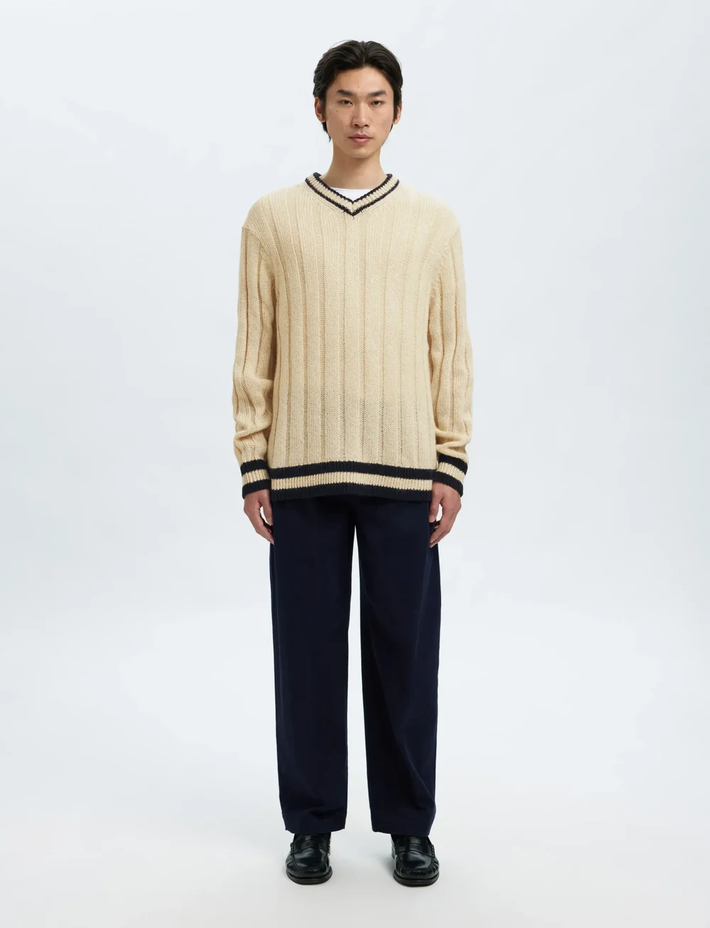 Selected - SLHROY LS KNIT RELAXED RIB V-NECK - v-ringat - egret - 3