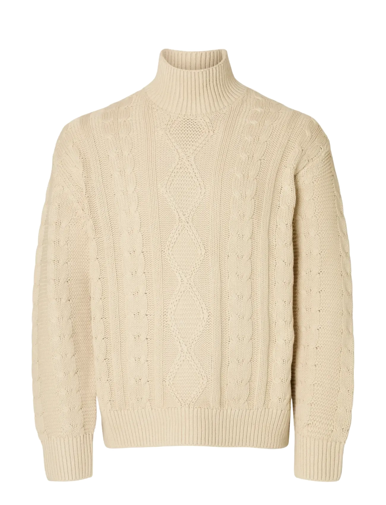 SELECTED Slhuffe Ls Knit Relaxed Cable High Neck Cream - L - Herren
