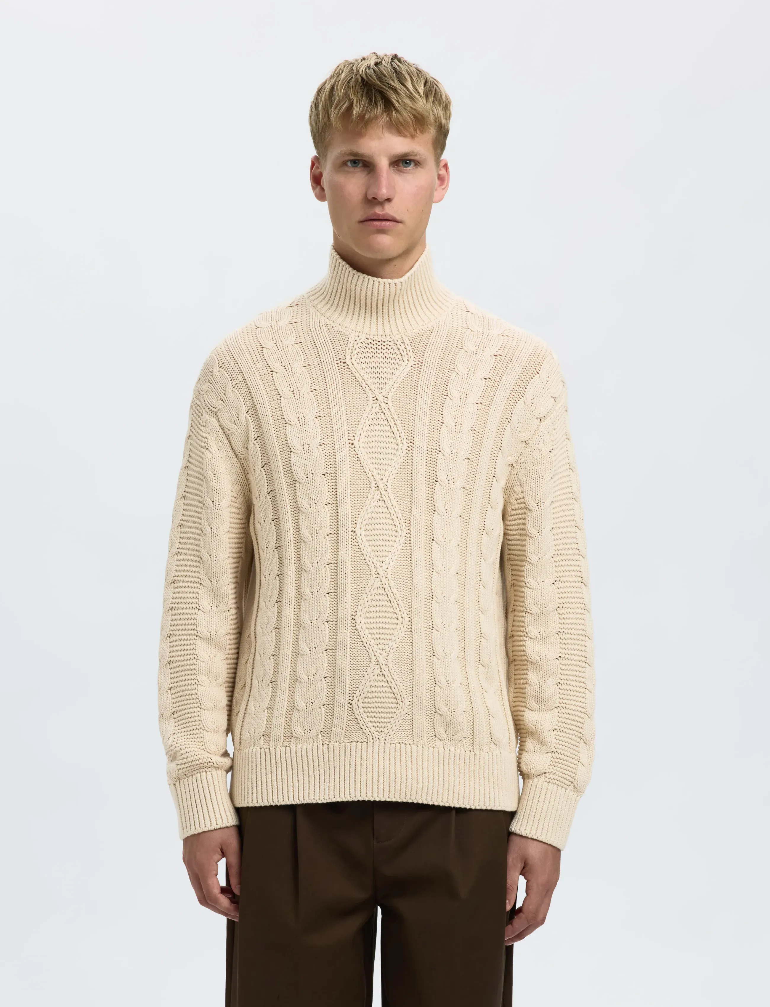Selected Slhuffe Ls Knit Relaxed Cable High Neck, XL, Knitwear, Creme - Turtlenecks, Männerswear