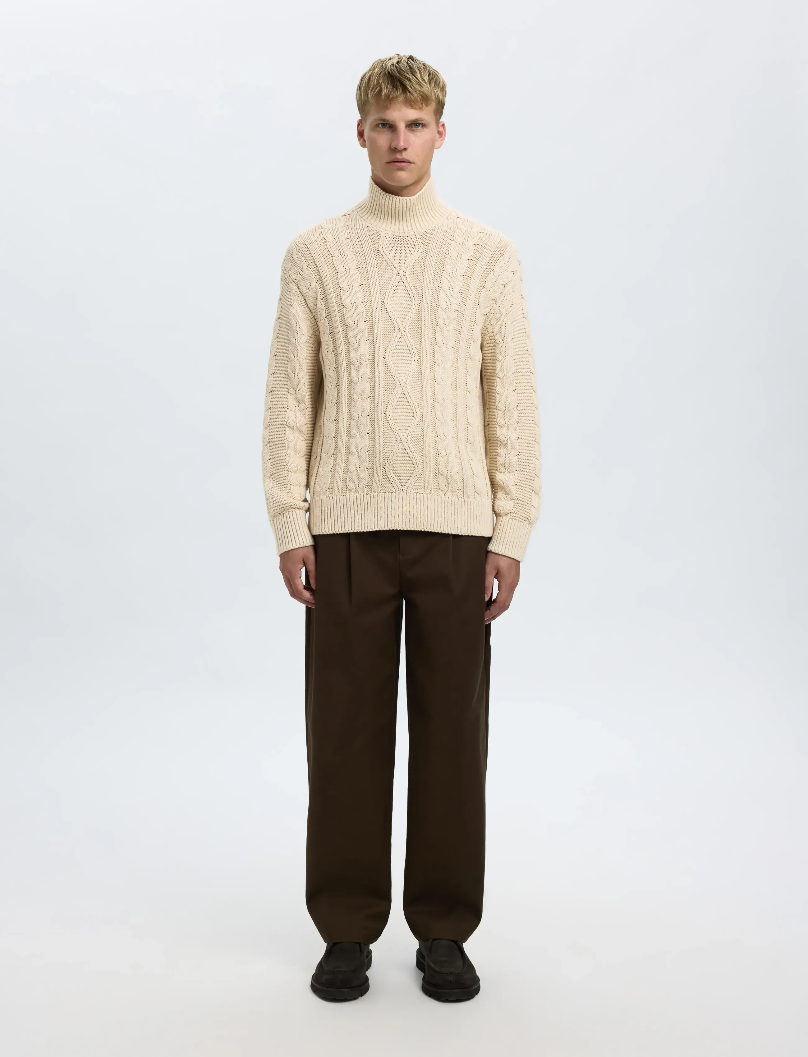 Selected - SLHUFFE LS KNIT RELAXED CABLE HIGH NECK - rullekraver - oatmeal - 3