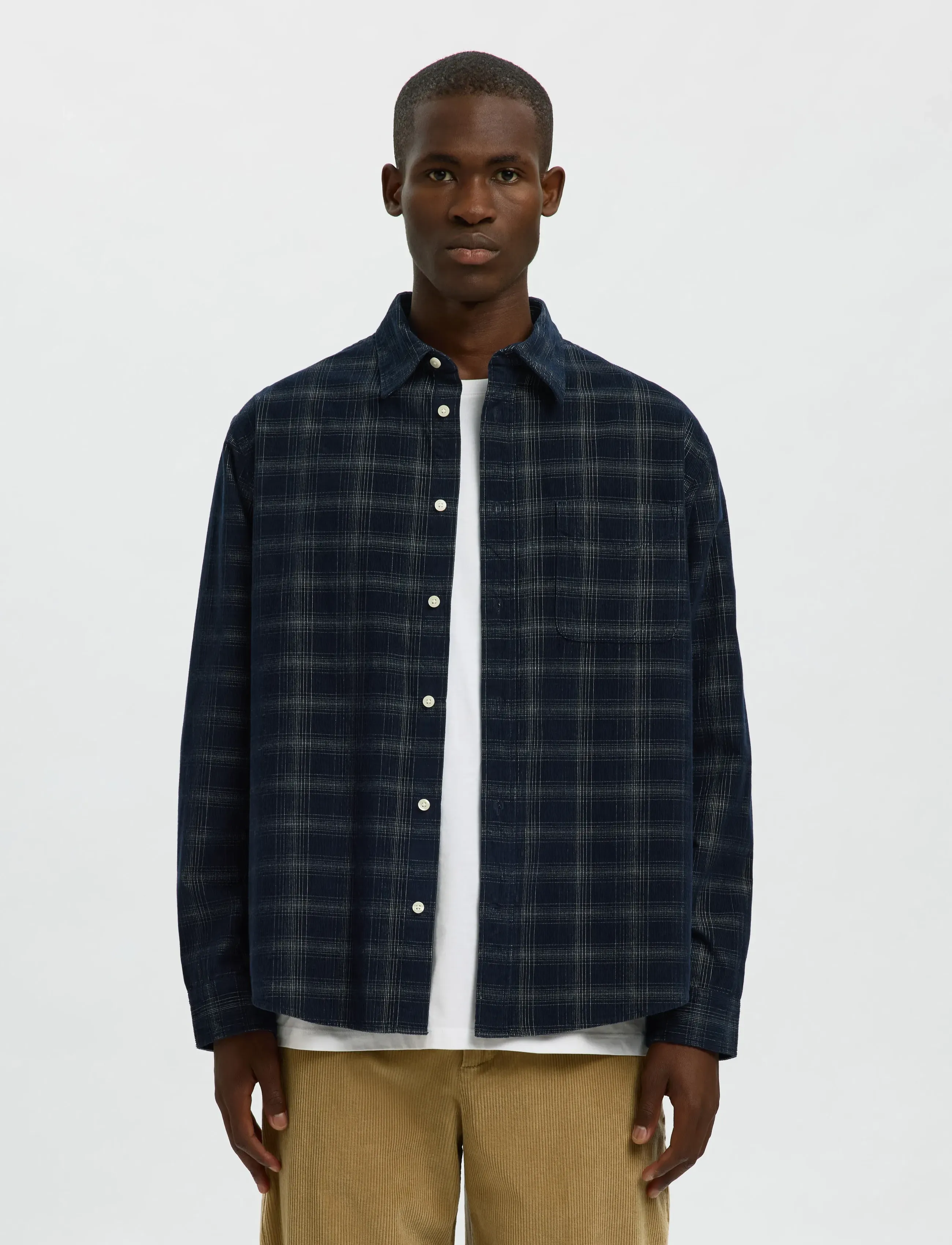 Selected Slmregclaus Cord Yd Check Ls Shirt, L, Navy, Shirts > Checkered Shirt, Herre