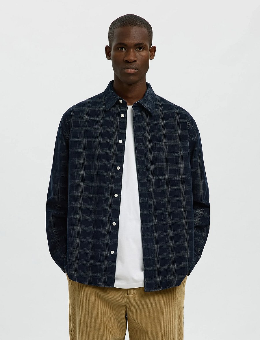 Selected - SLMREGCLAUS CORD YD CHECK LS SHIRT - cordhemden - navy blazer - 5