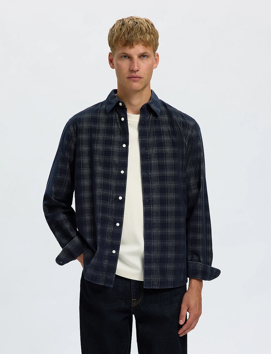 Selected - SLMREGCLAUS CORD YD CHECK LS SHIRT - cordhemden - sky captain - 0