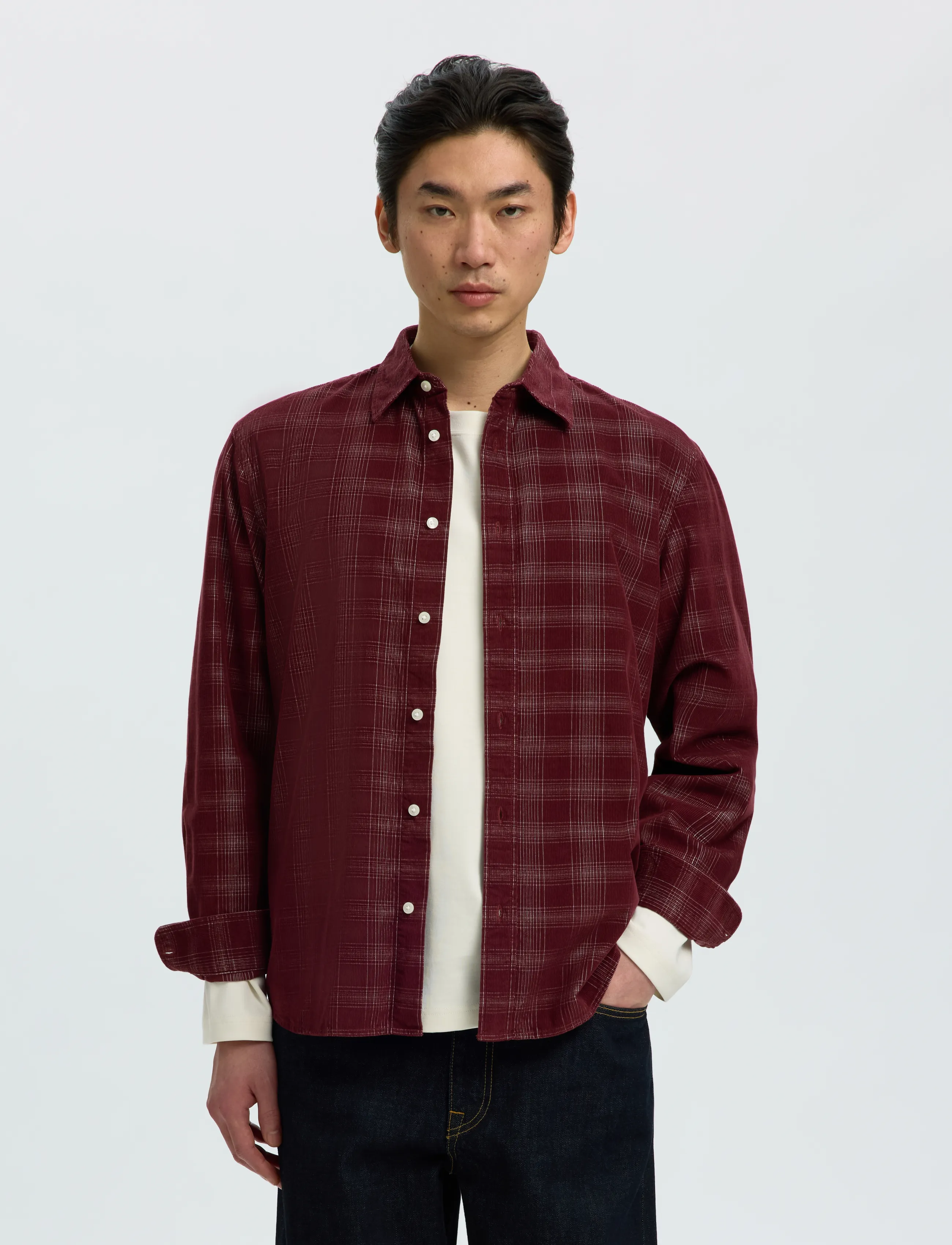 Selected SLMREGCLAUS CORD YD CHECK LS SHIRT - Selected - TAWNY PORT / burgundy