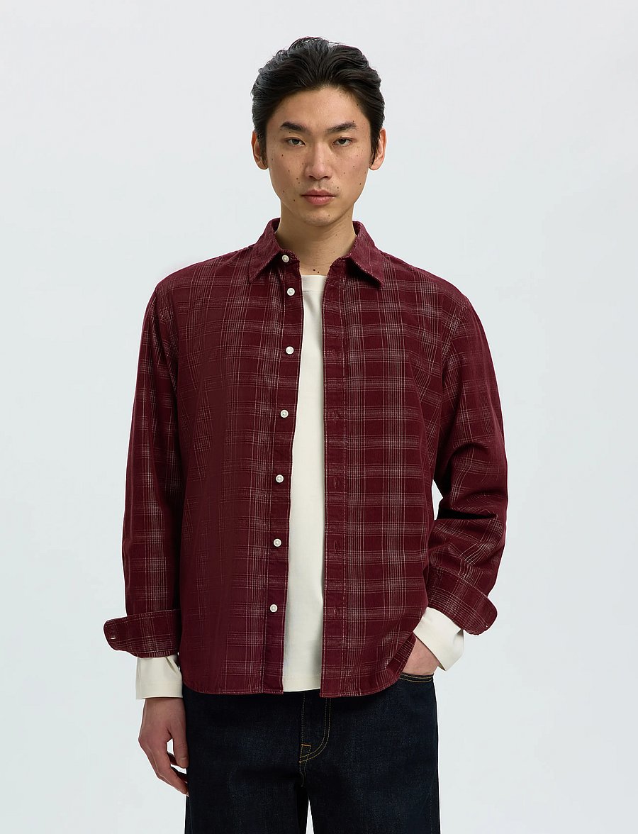 Selected - SLMREGCLAUS CORD YD CHECK LS SHIRT - fløjlsskjorter - tawny port - 0