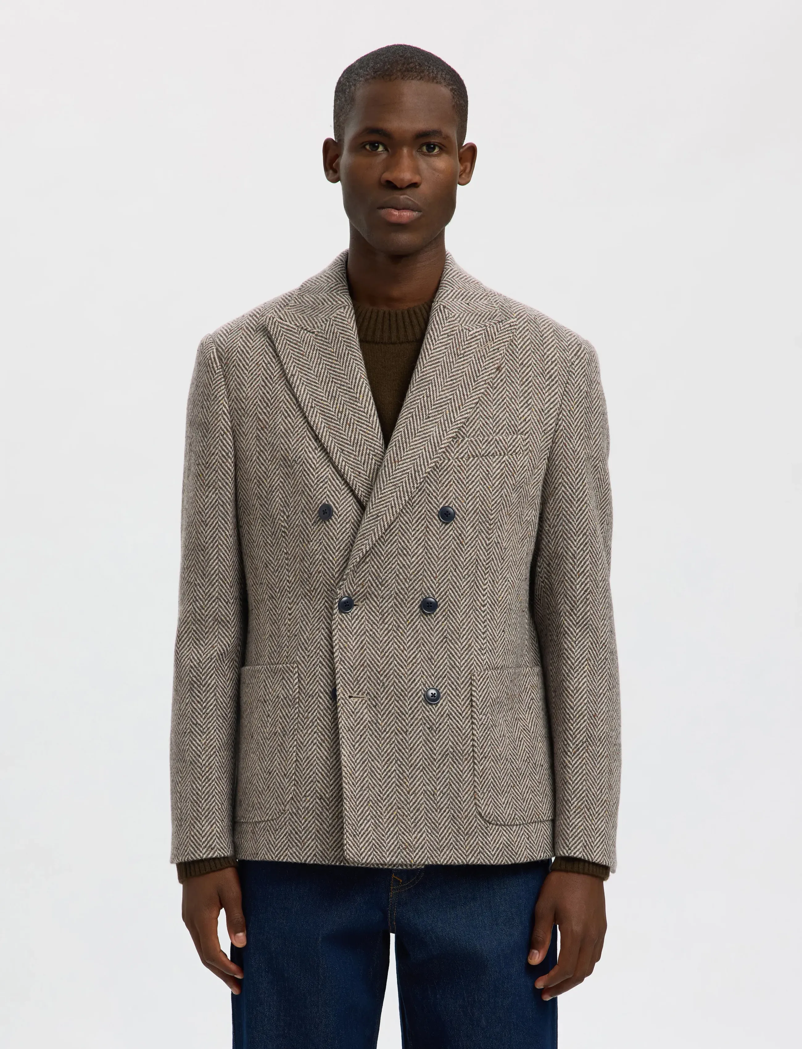 Selected - SLHREG-MORRIS HBONE WOOL BLEND DB BLZ - brown rice - 3
