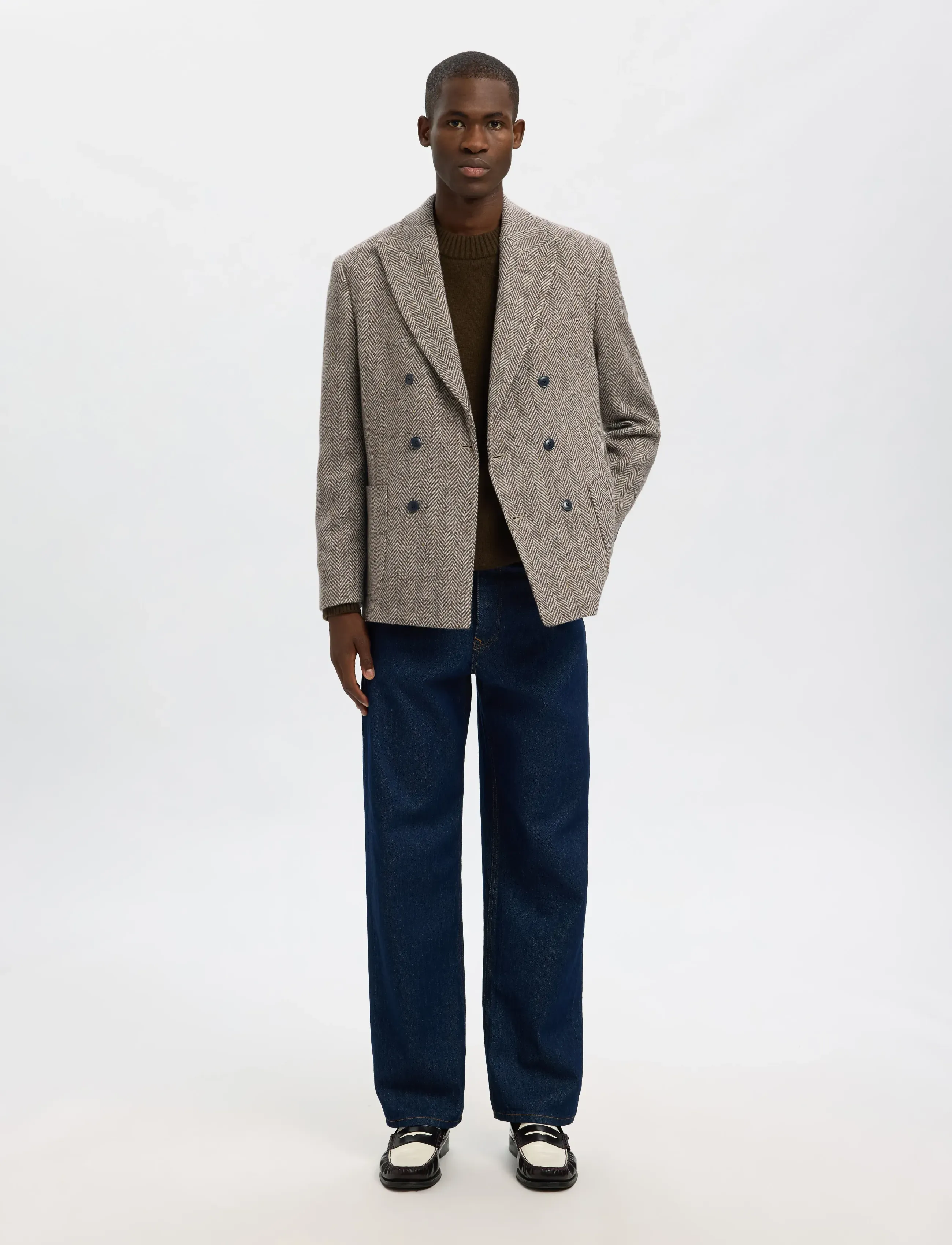 Selected - SLHREG-MORRIS HBONE WOOL BLEND DB BLZ - brown rice - 5