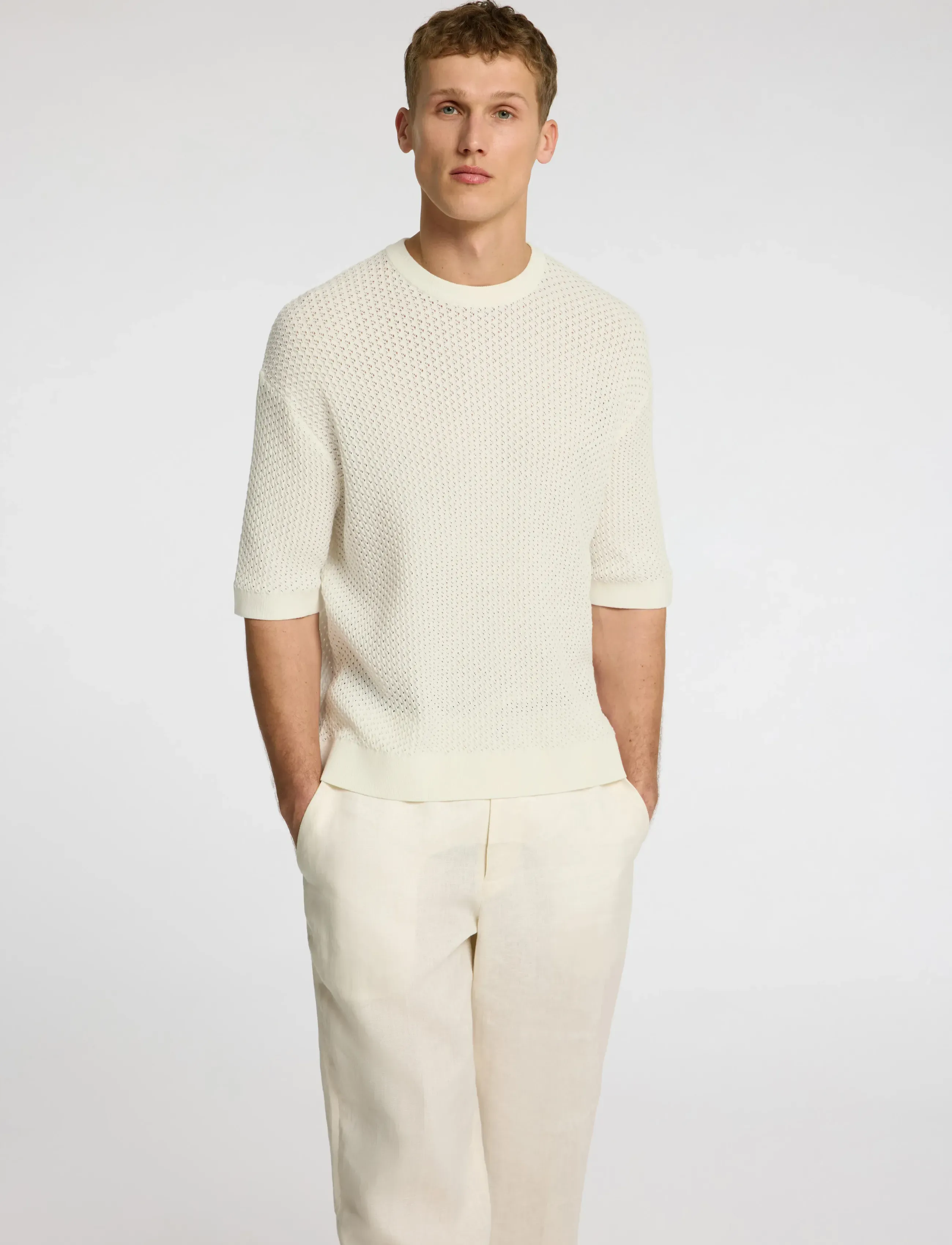 Selected - SLHCOLTON SS KNIT STRUCTURE TEE - rundhals - egret - 4