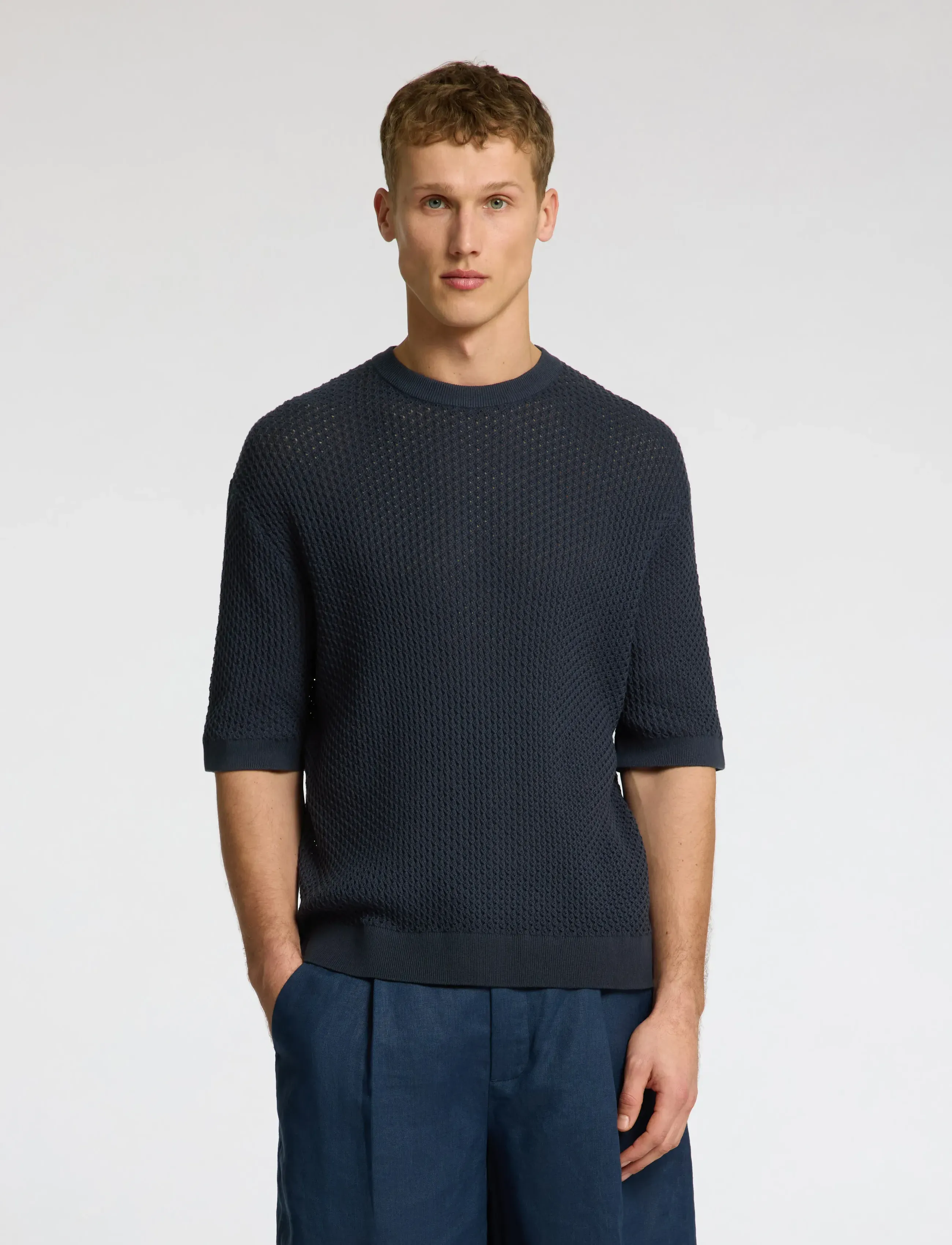Selected SLHCOLTON SS KNIT STRUCTURE TEE - Kollektionen - OUTER SPACE / navy