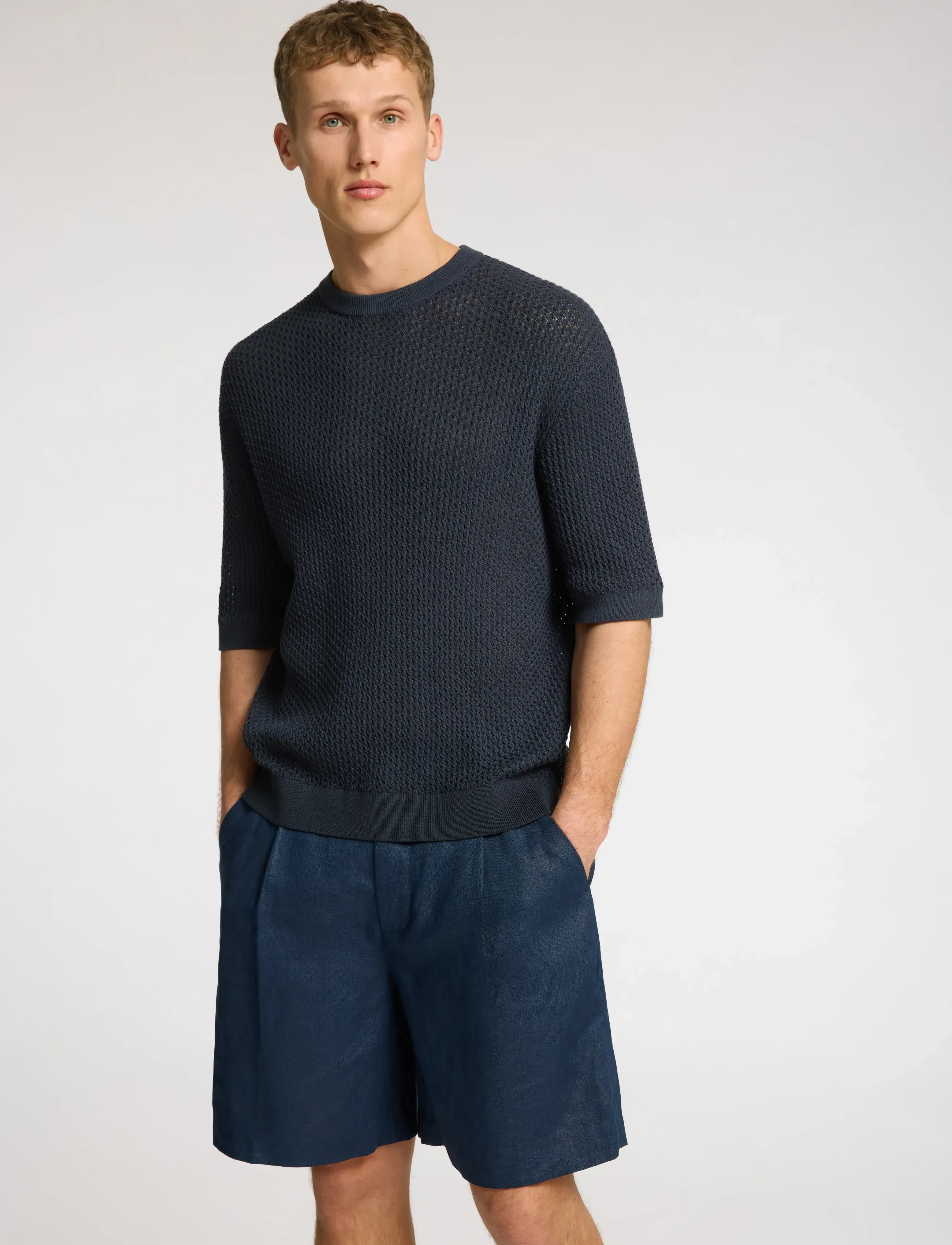Selected - SLHCOLTON SS KNIT STRUCTURE TEE - strik - outer space - 3