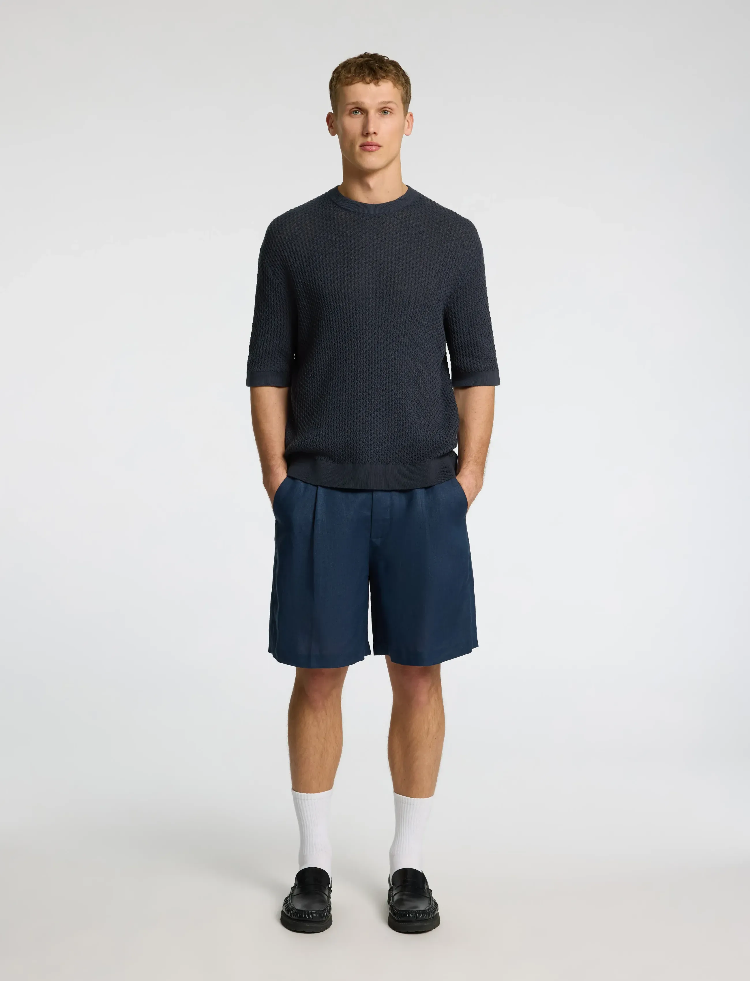 Selected - SLHCOLTON SS KNIT STRUCTURE TEE - strik - outer space - 4