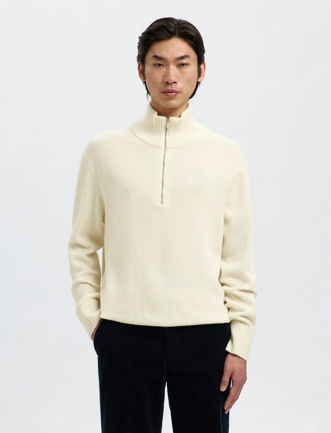 SLHCALLE RELAXED CASHMERE BLEND HALF ZIP - ANGORA