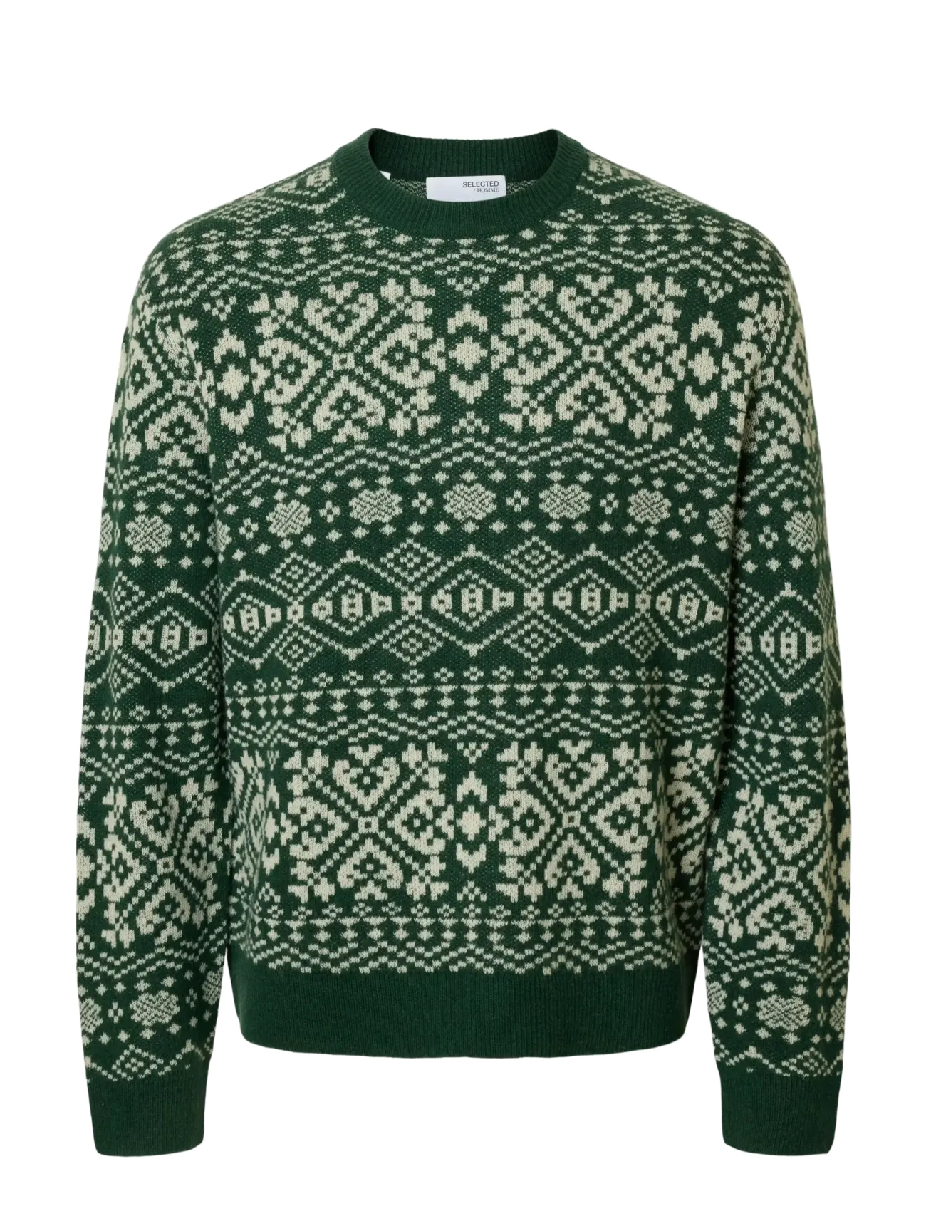 SLHHOLGER LS KNIT JAQUARD CREW NECK - DARK GREEN