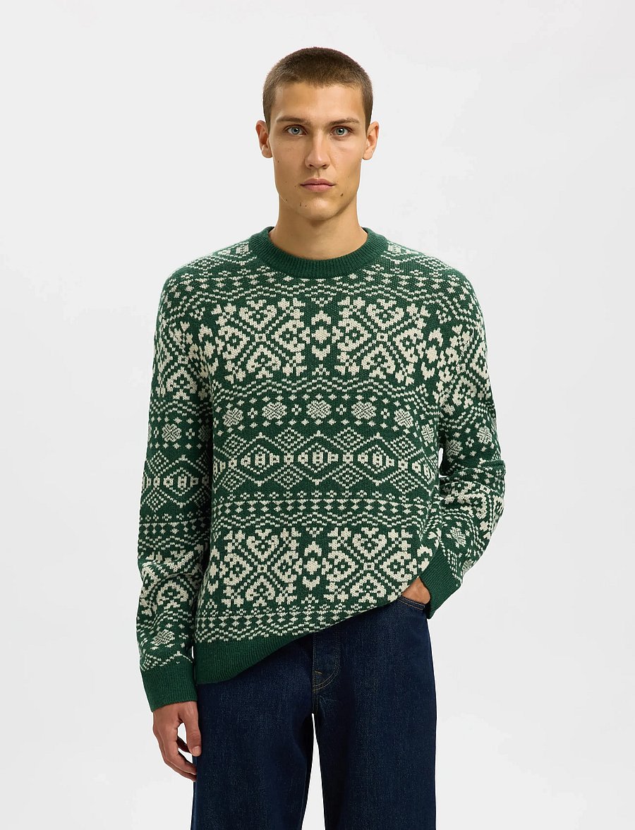 Selected - SLHHOLGER LS KNIT JAQUARD CREW NECK - rundhals - dark green - 0