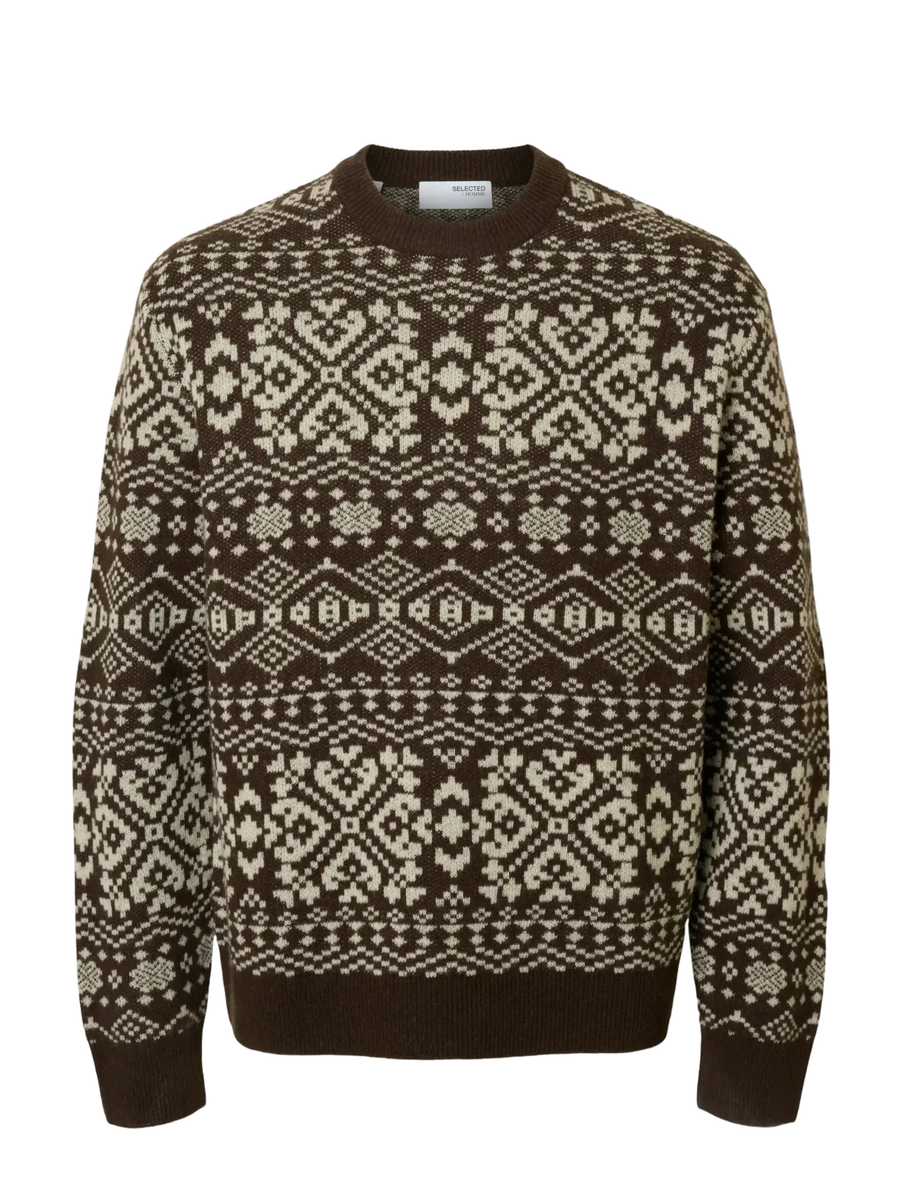 Selected SLHHOLGER LS KNIT JAQUARD CREW NECK - Strik - DELICIOSO / brown