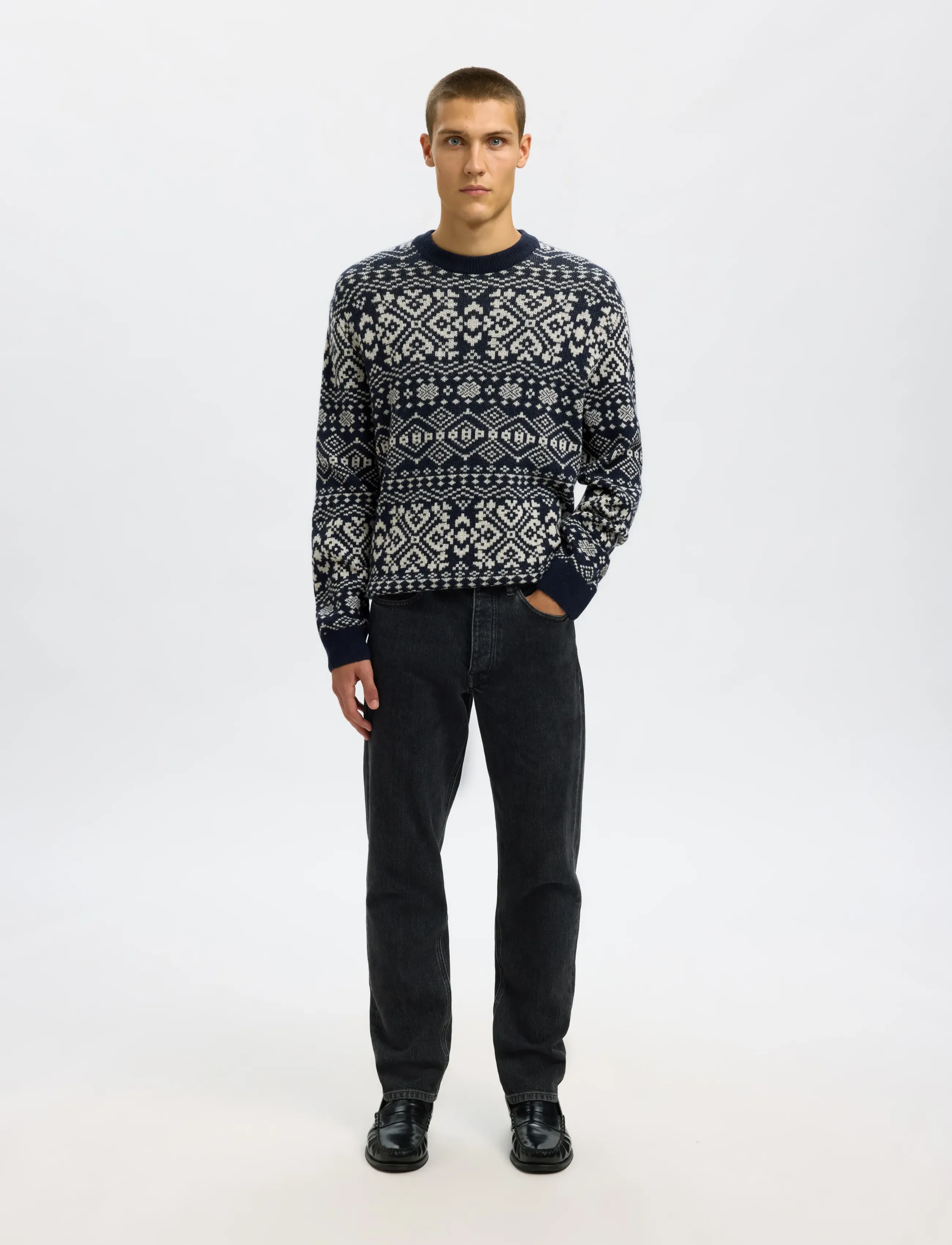 Selected - SLHHOLGER LS KNIT JAQUARD CREW NECK - okrągły dekolt - sky captain - 3