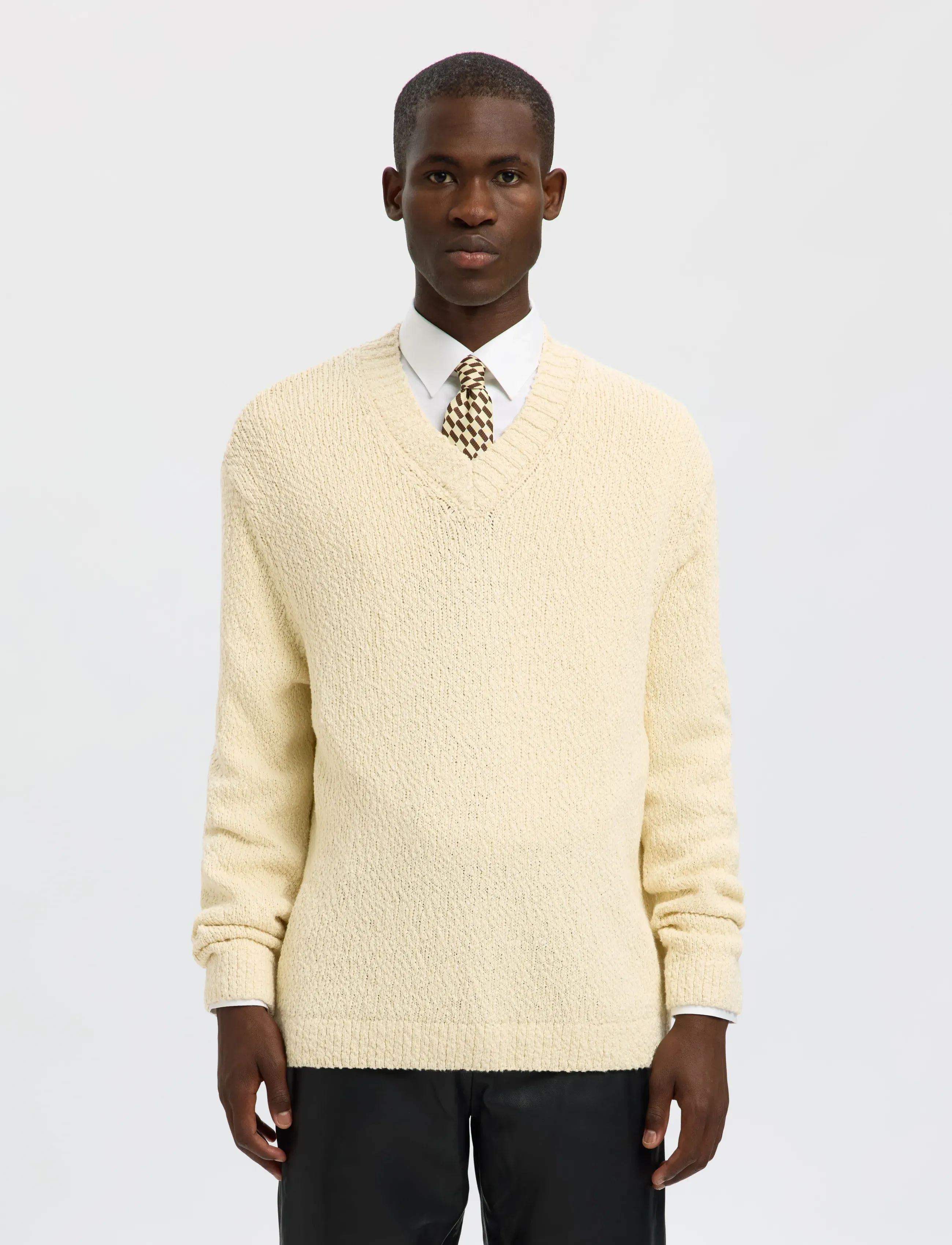 Selected Slhangus Ls Knit Relaxed V-Neck, S, Knitwear, Creme - V-necks, Männerswear