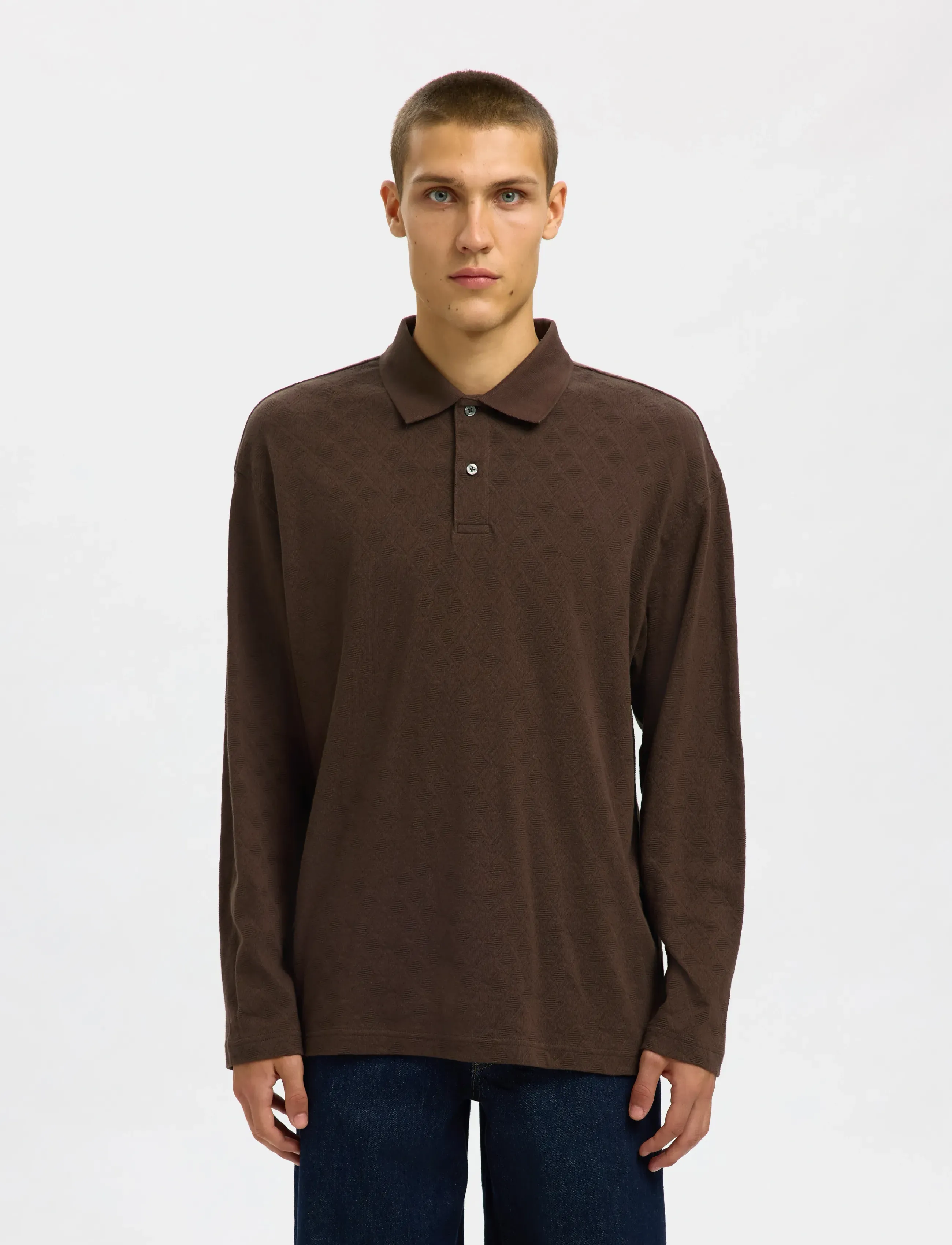 Selected SLHRELAXPAUL JACQUARD LS POLO - Inspiration - DELICIOSO / brown