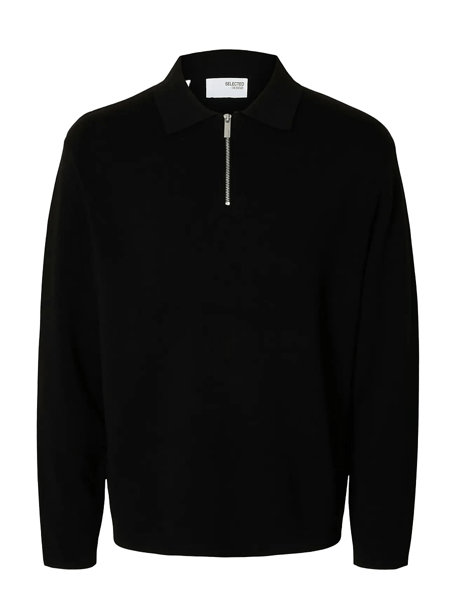 Selected - SLMTELLER FN HALF ZIP POLO NOOS - langärmelige strick-polohemden - black - 1