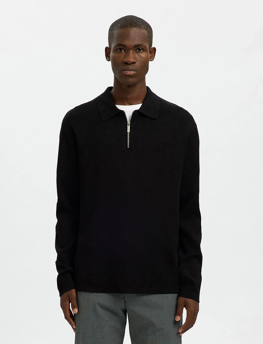 Selected - SLMTELLER FN HALF ZIP POLO NOOS - langärmelige strick-polohemden - black - 0
