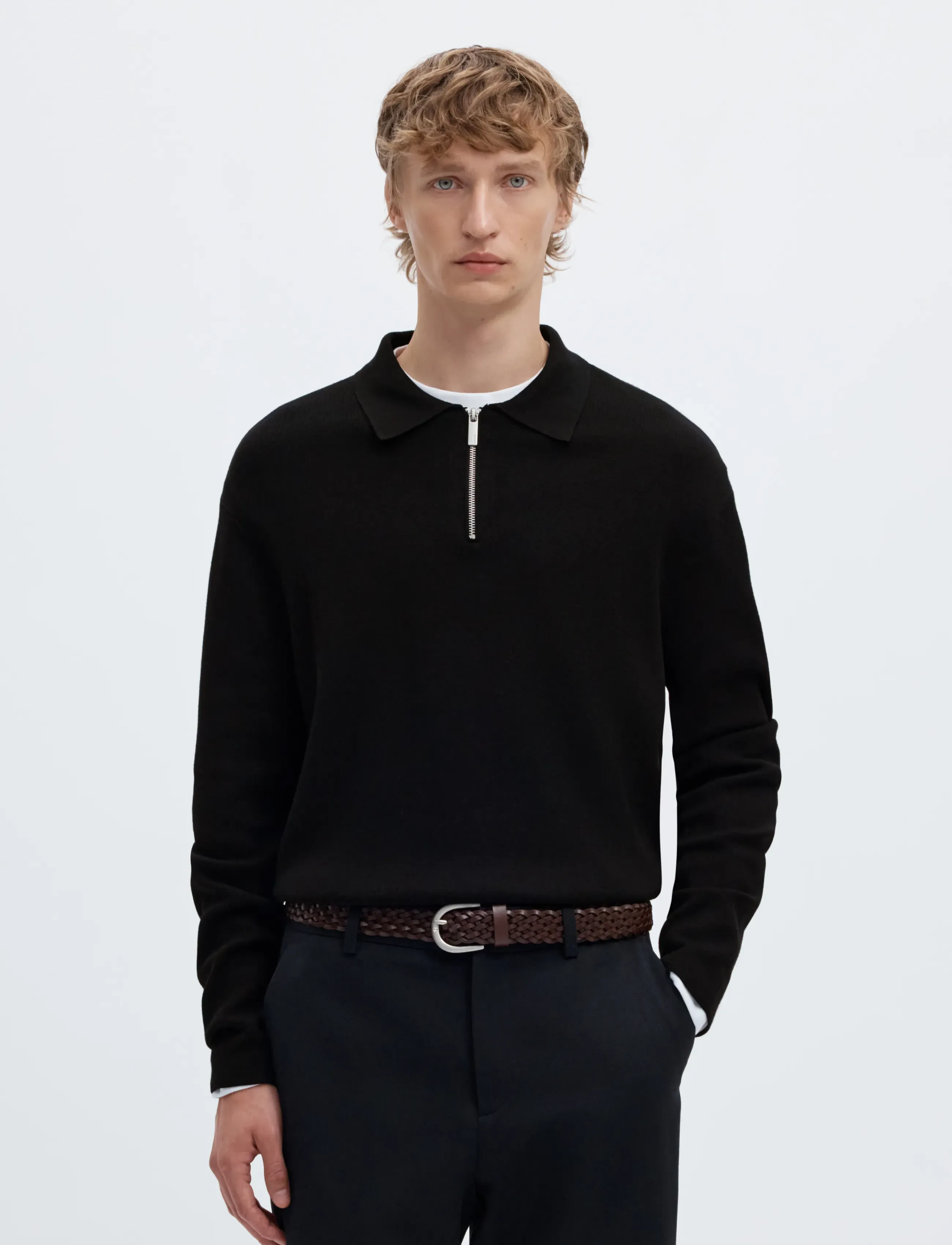 Selected SLMTELLER FN HALF ZIP POLO NOOS - Poloer i strik med lange ærmer - BLACK / black