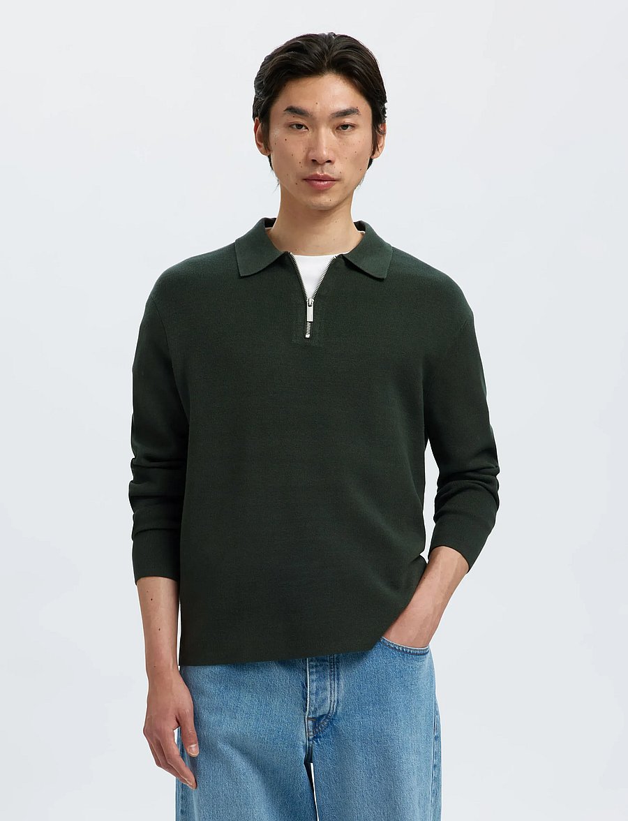 Selected - SLMTELLER FN HALF ZIP POLO NOOS - long-sleeved knitted polos - deep forest - 0