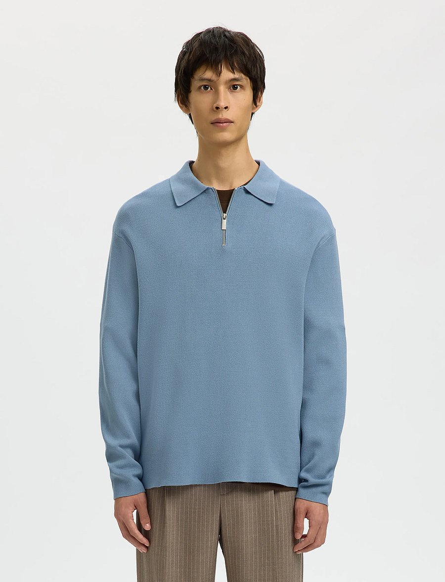 Selected - SLMTELLER FN HALF ZIP POLO NOOS - pikkade varrukatega kootud polod - dusty blue - 0