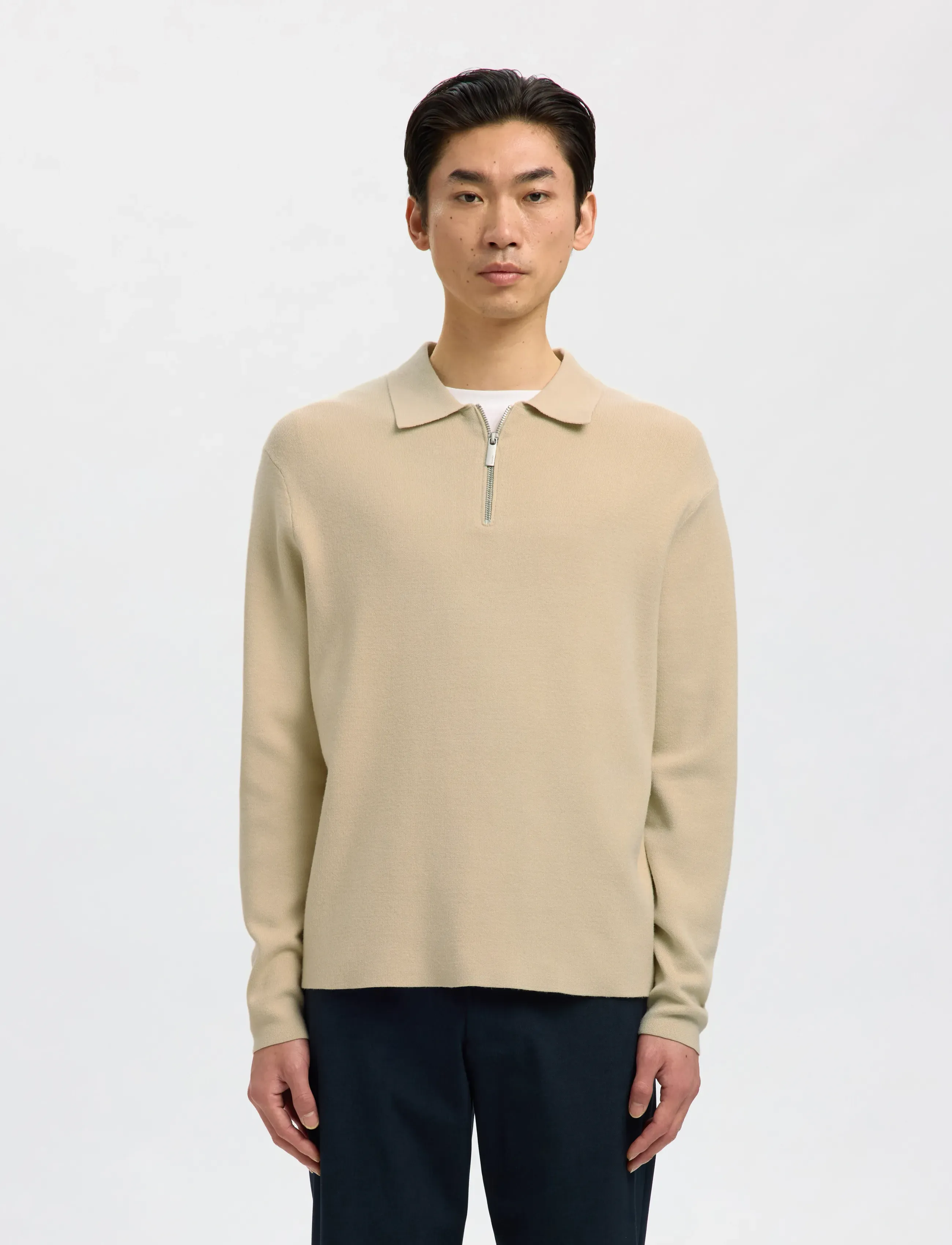 Selected Slmteller Fn Half Zip Polo Noos, XL, Knitwear, Creme - Long Sleeve Knitted Polos, Männerswear