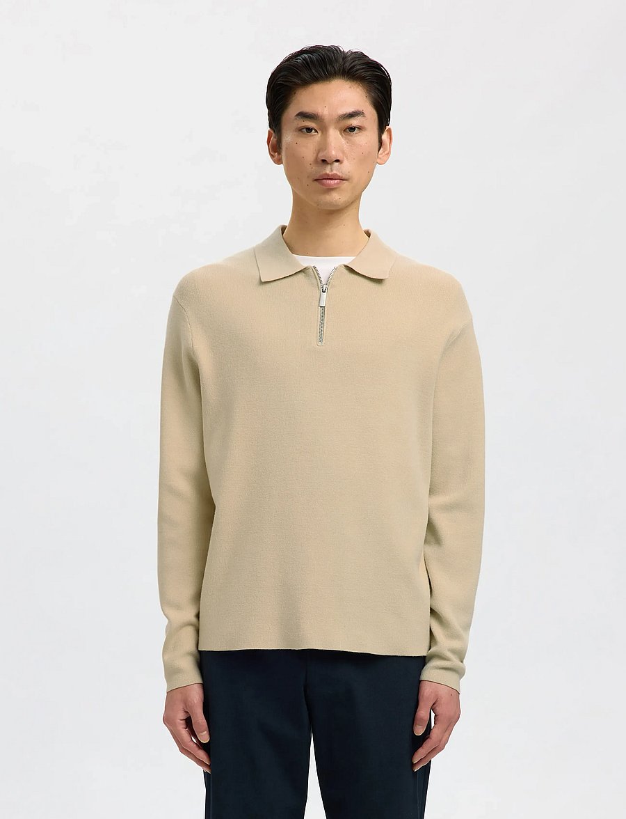 Selected - SLMTELLER FN HALF ZIP POLO NOOS - long-sleeved knitted polos - oatmeal - 0